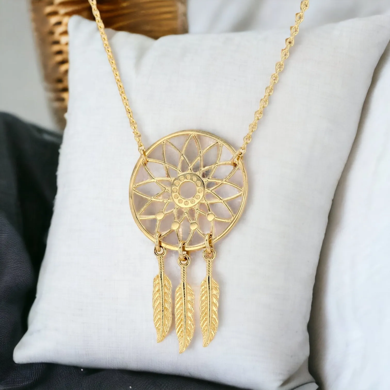 14K Yellow gold solid dream catcher necklace-11913