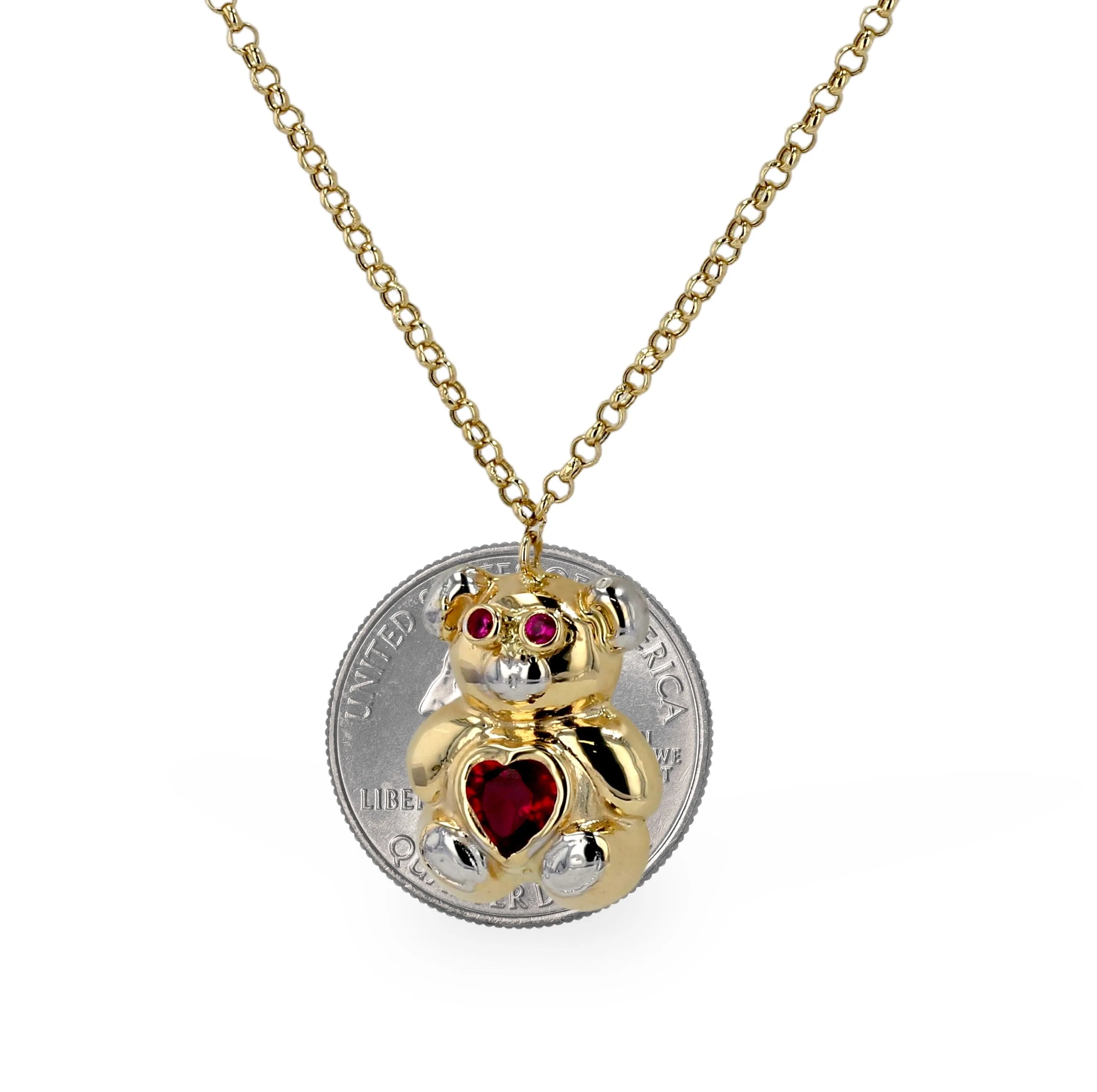 14K Yellow gold Teddy bear red heart necklace-226121