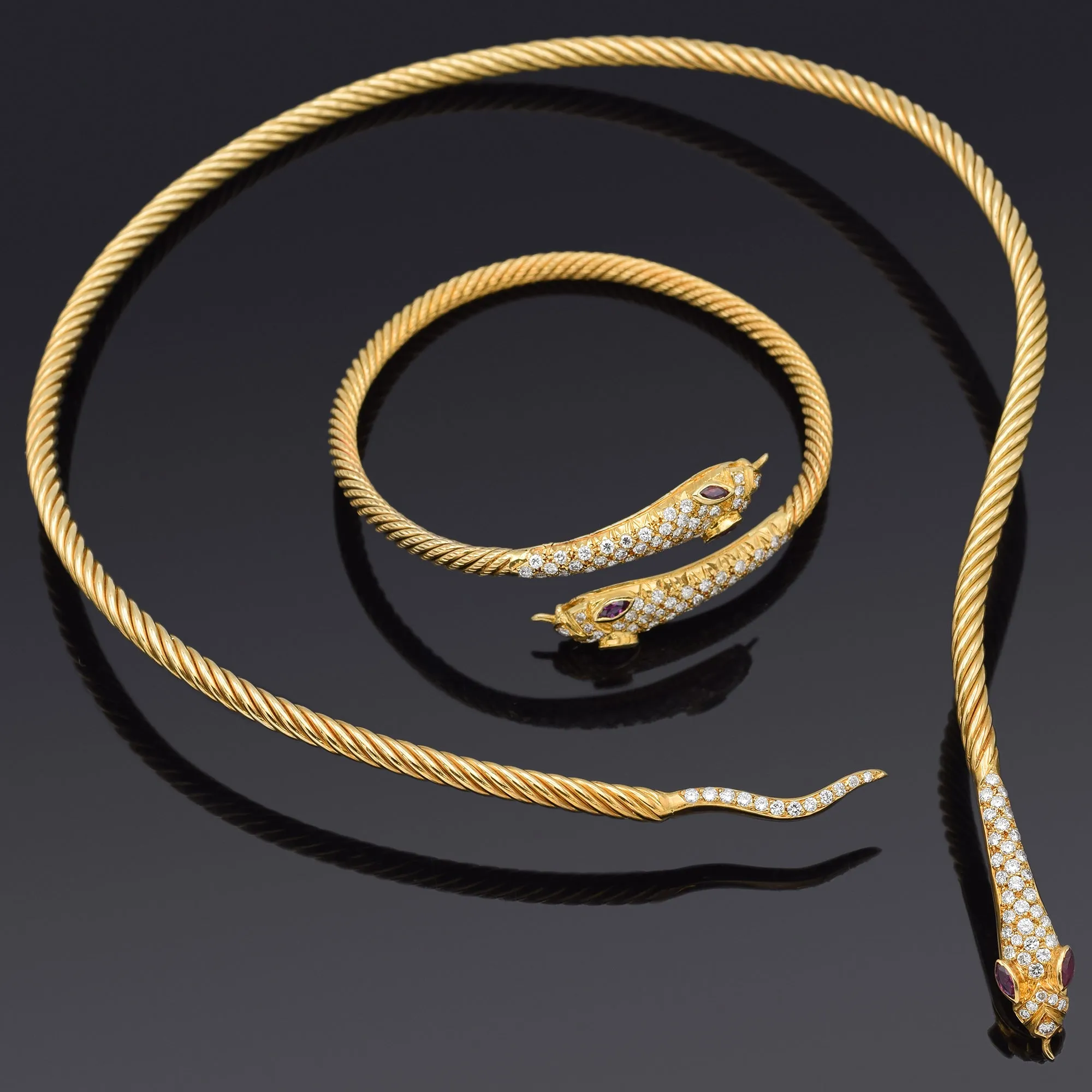 18K Yellow Gold Ruby & 6.40TCW Diamond Snake Collar Necklace & Wrap Bracelet Set