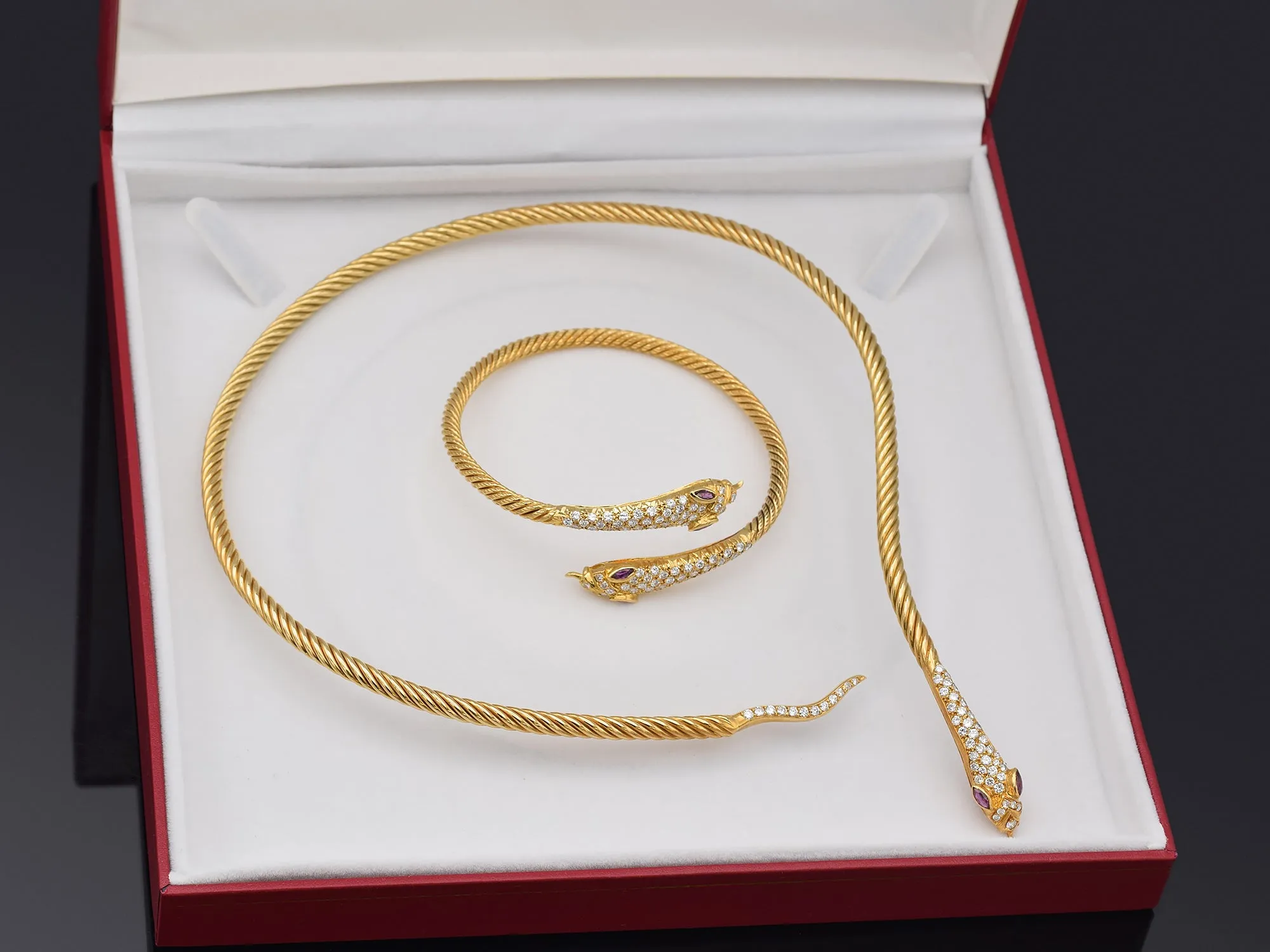 18K Yellow Gold Ruby & 6.40TCW Diamond Snake Collar Necklace & Wrap Bracelet Set