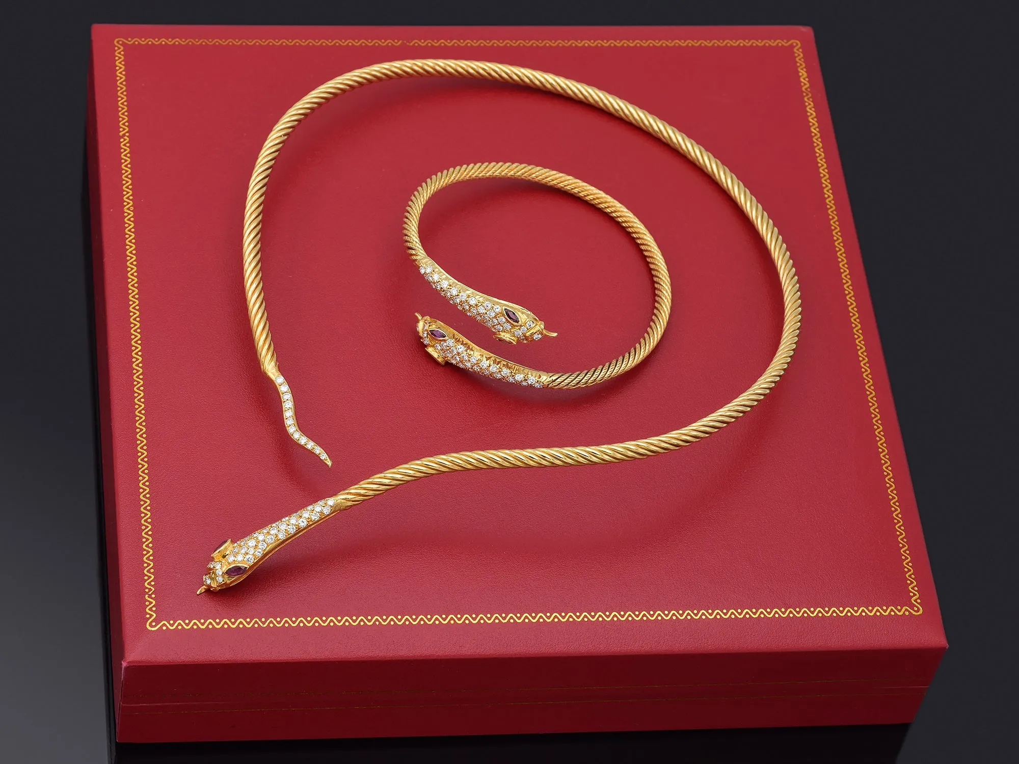 18K Yellow Gold Ruby & 6.40TCW Diamond Snake Collar Necklace & Wrap Bracelet Set