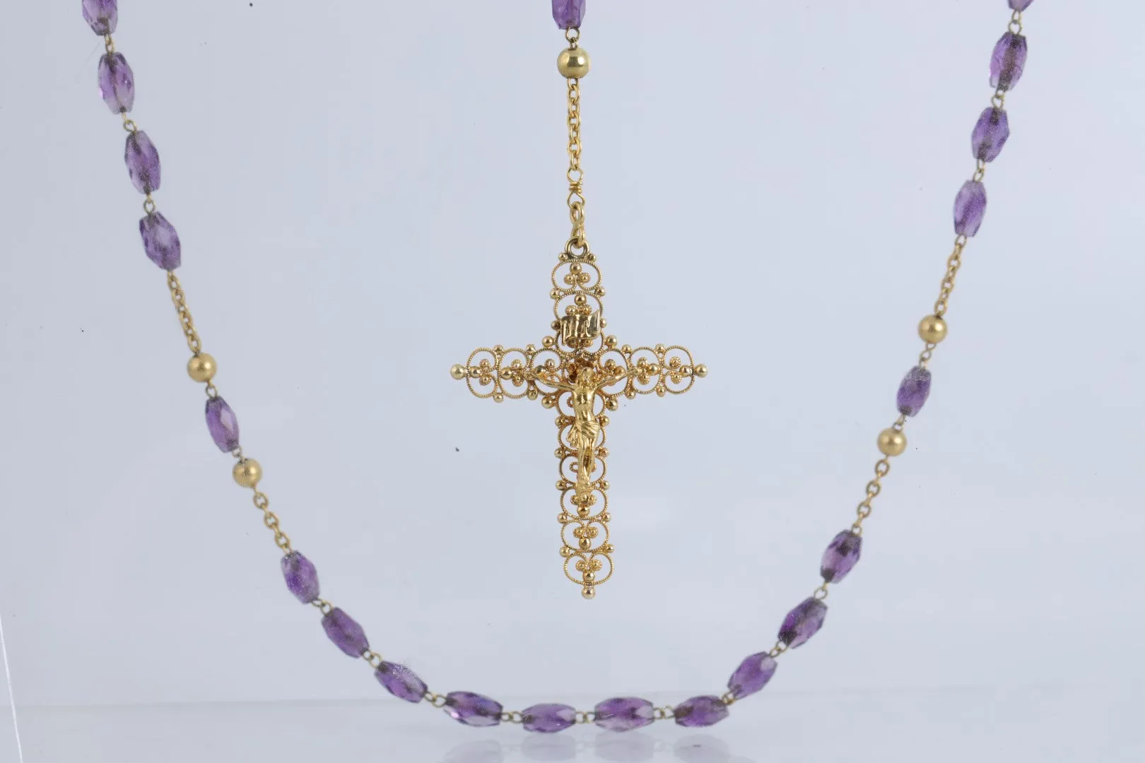 30" 18k Yellow Gold Amethyst Beaded Rosary Cross Necklace (24.59g.)