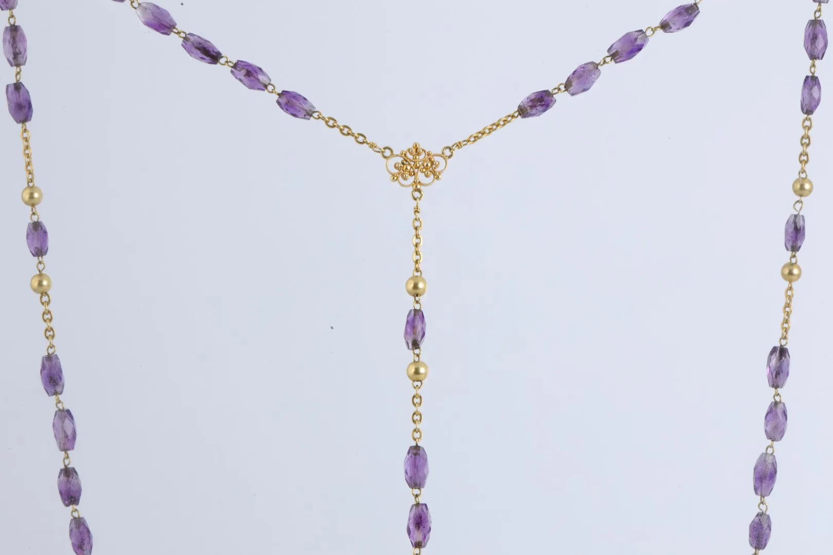 30" 18k Yellow Gold Amethyst Beaded Rosary Cross Necklace (24.59g.)