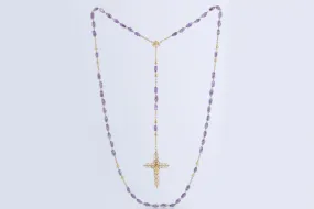 30" 18k Yellow Gold Amethyst Beaded Rosary Cross Necklace (24.59g.)