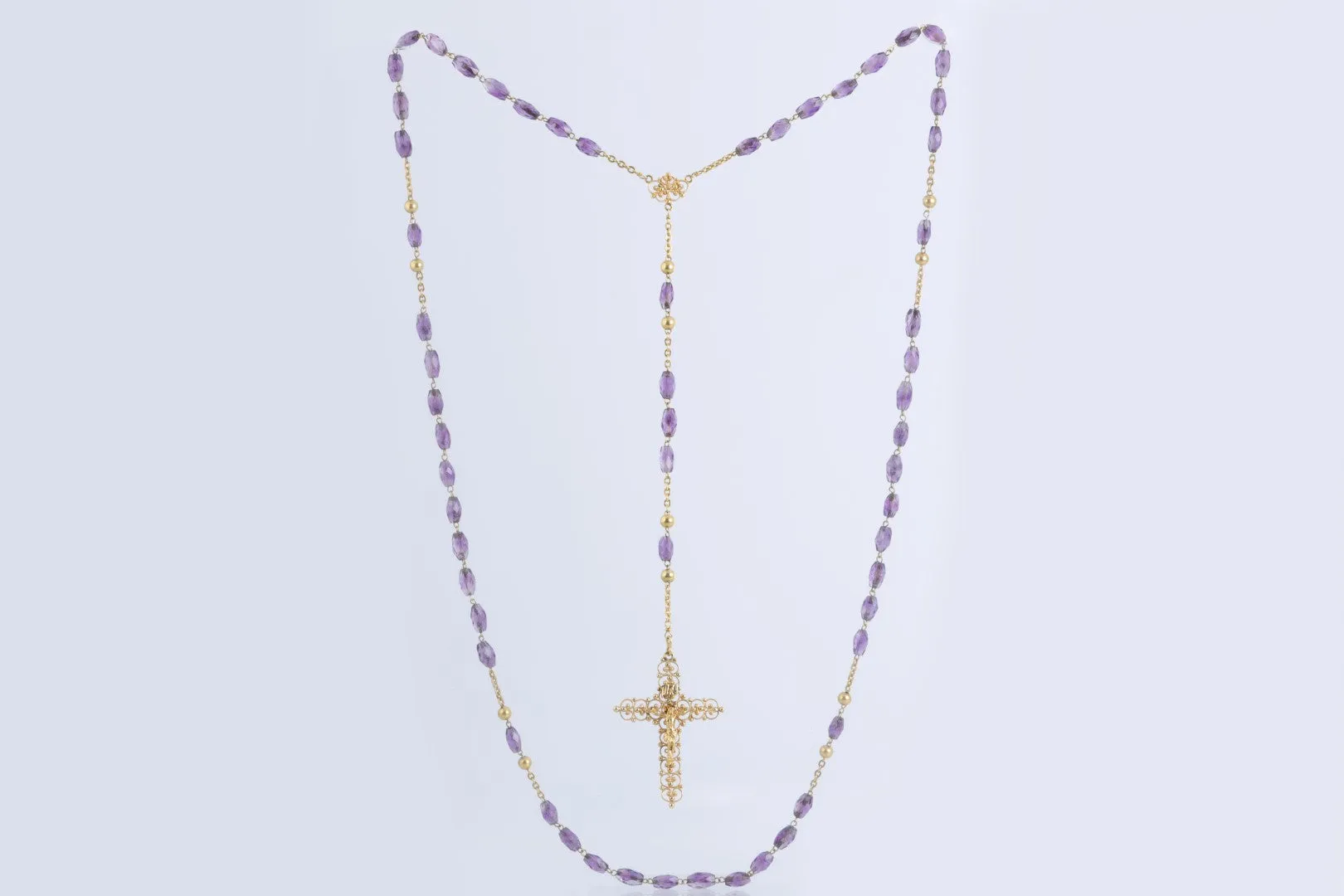 30" 18k Yellow Gold Amethyst Beaded Rosary Cross Necklace (24.59g.)