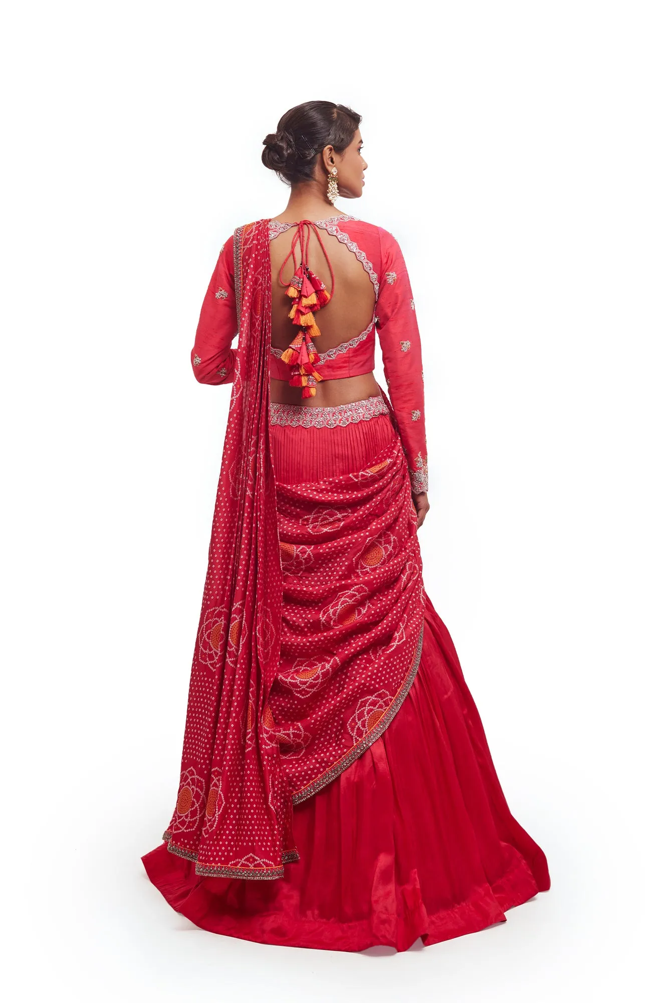 30Z331-RO Rani Pink Embroidered Bandhej Silk Lehenga with Dupatta