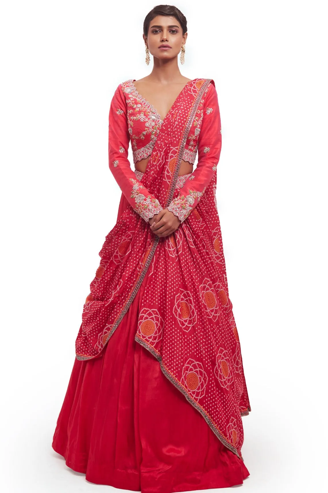 30Z331-RO Rani Pink Embroidered Bandhej Silk Lehenga with Dupatta