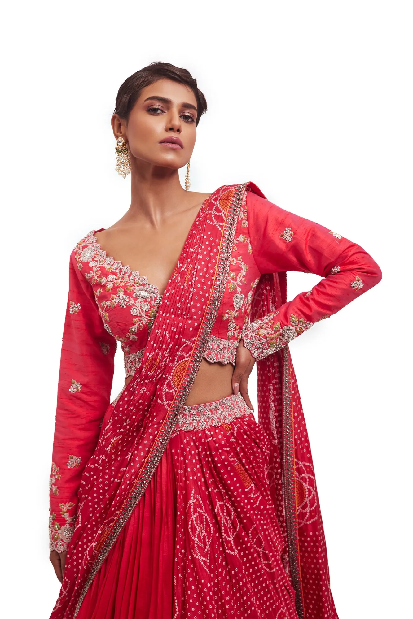 30Z331-RO Rani Pink Embroidered Bandhej Silk Lehenga with Dupatta