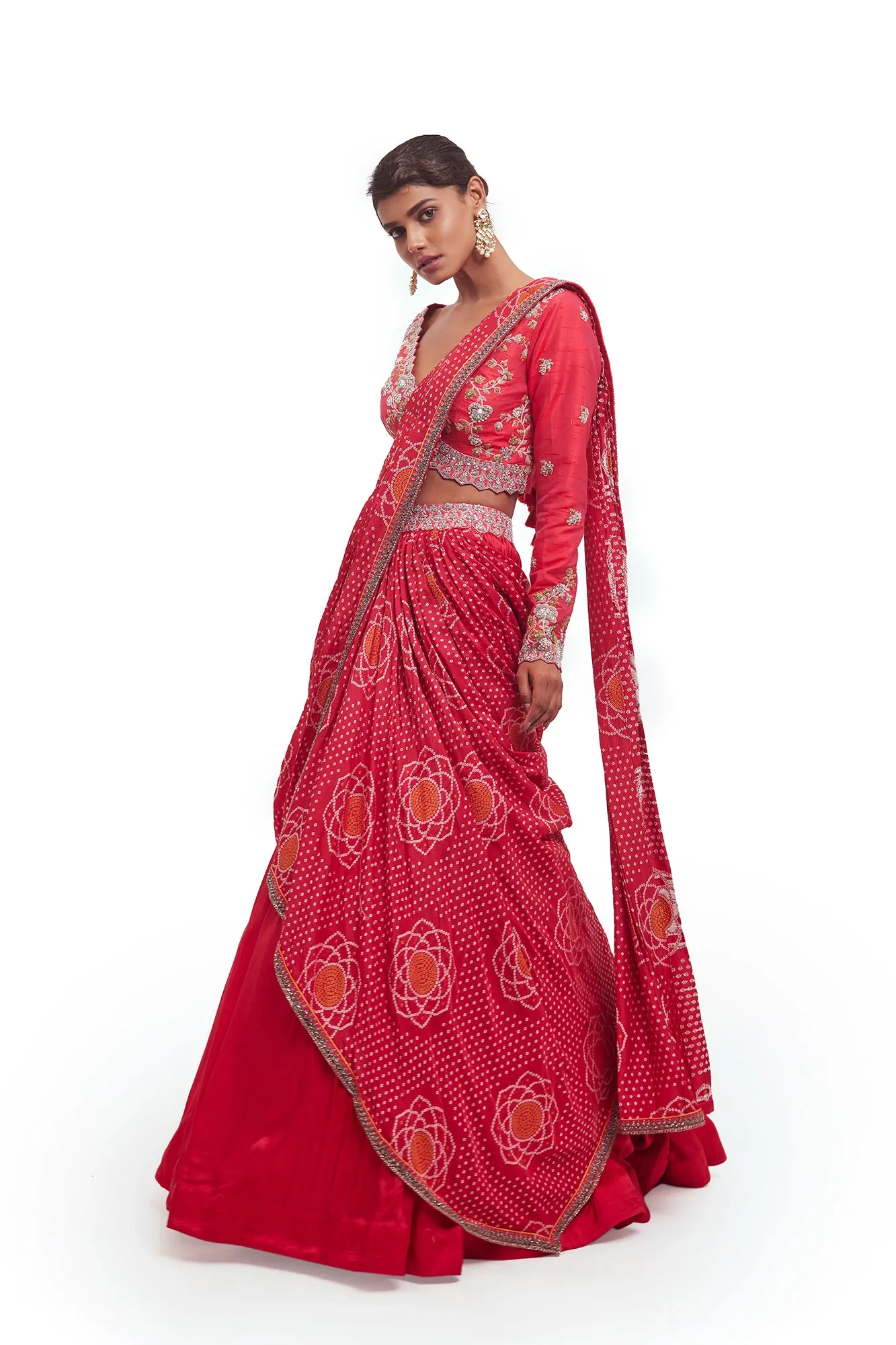 30Z331-RO Rani Pink Embroidered Bandhej Silk Lehenga with Dupatta