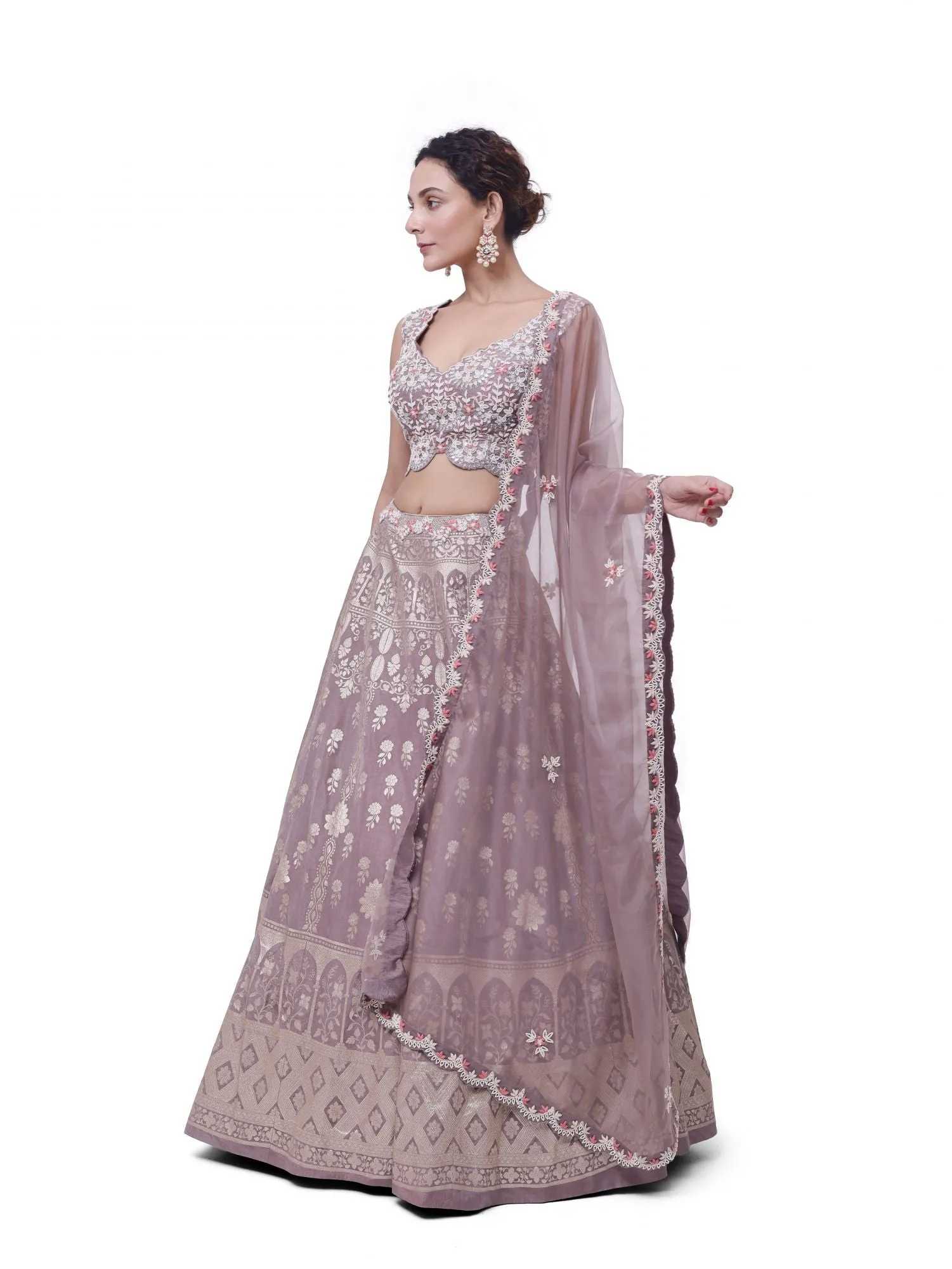 30Z340-RO Chikoo Color Embroidered Raw Silk Lehenga with Dupatta