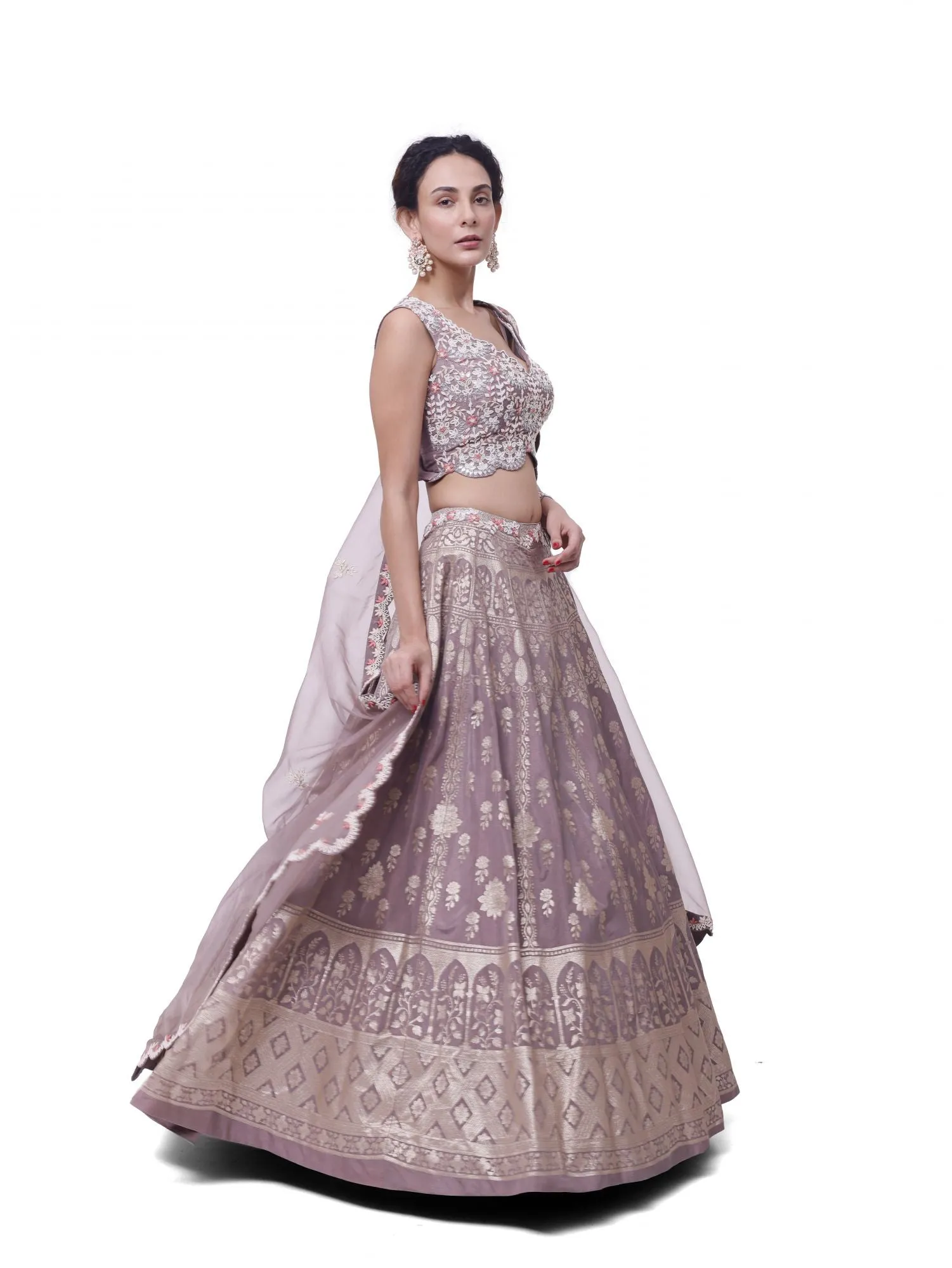 30Z340-RO Chikoo Color Embroidered Raw Silk Lehenga with Dupatta