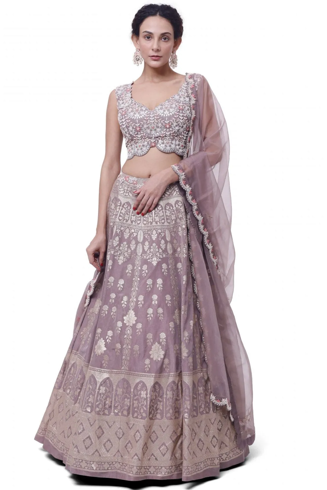 30Z340-RO Chikoo Color Embroidered Raw Silk Lehenga with Dupatta