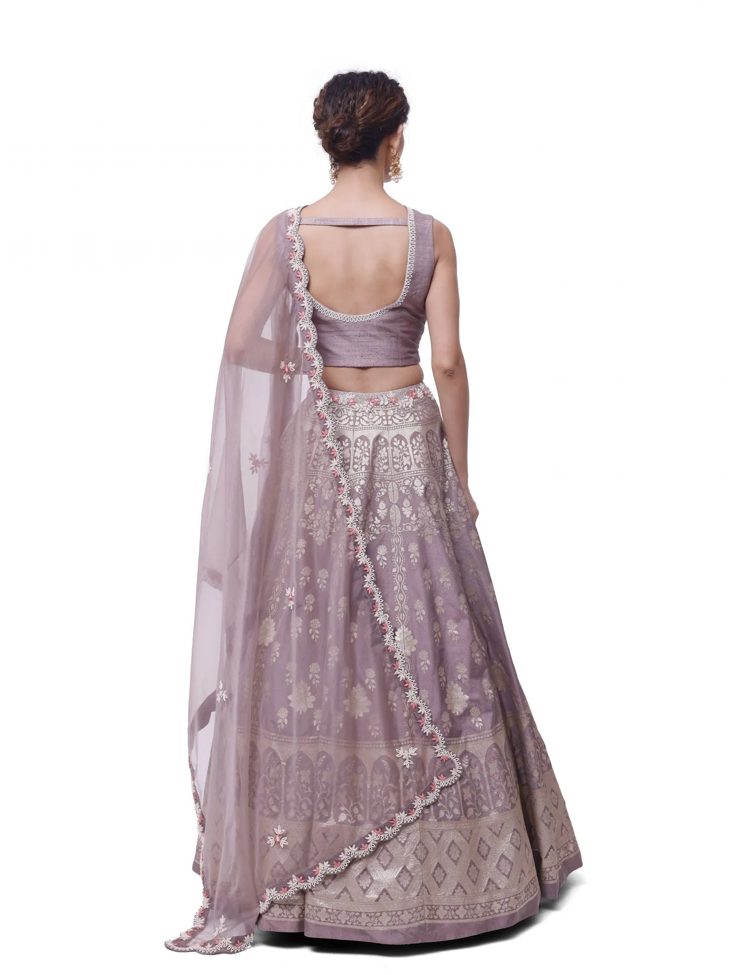 30Z340-RO Chikoo Color Embroidered Raw Silk Lehenga with Dupatta