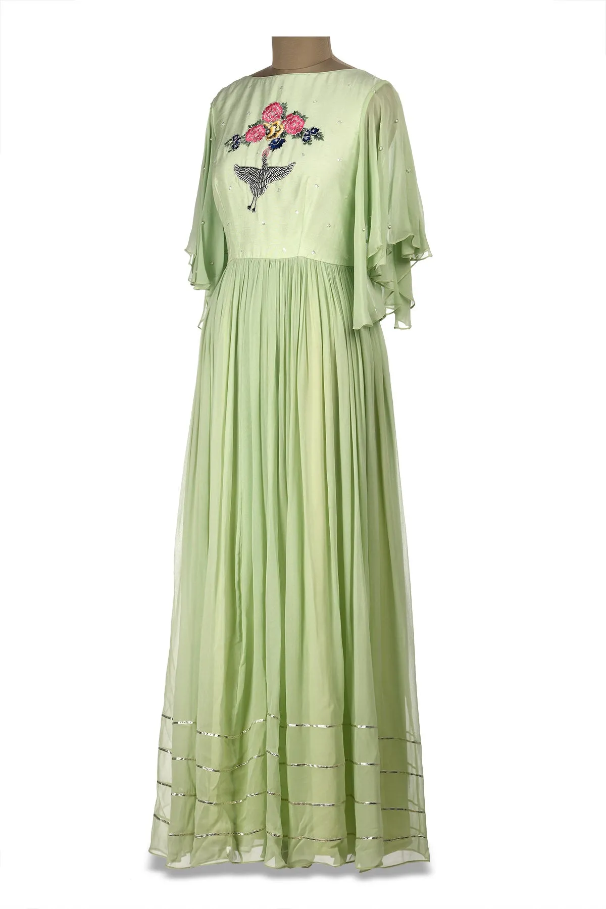 50Z179-RO Pastel Green Embroidered Georgette Maxi Dress