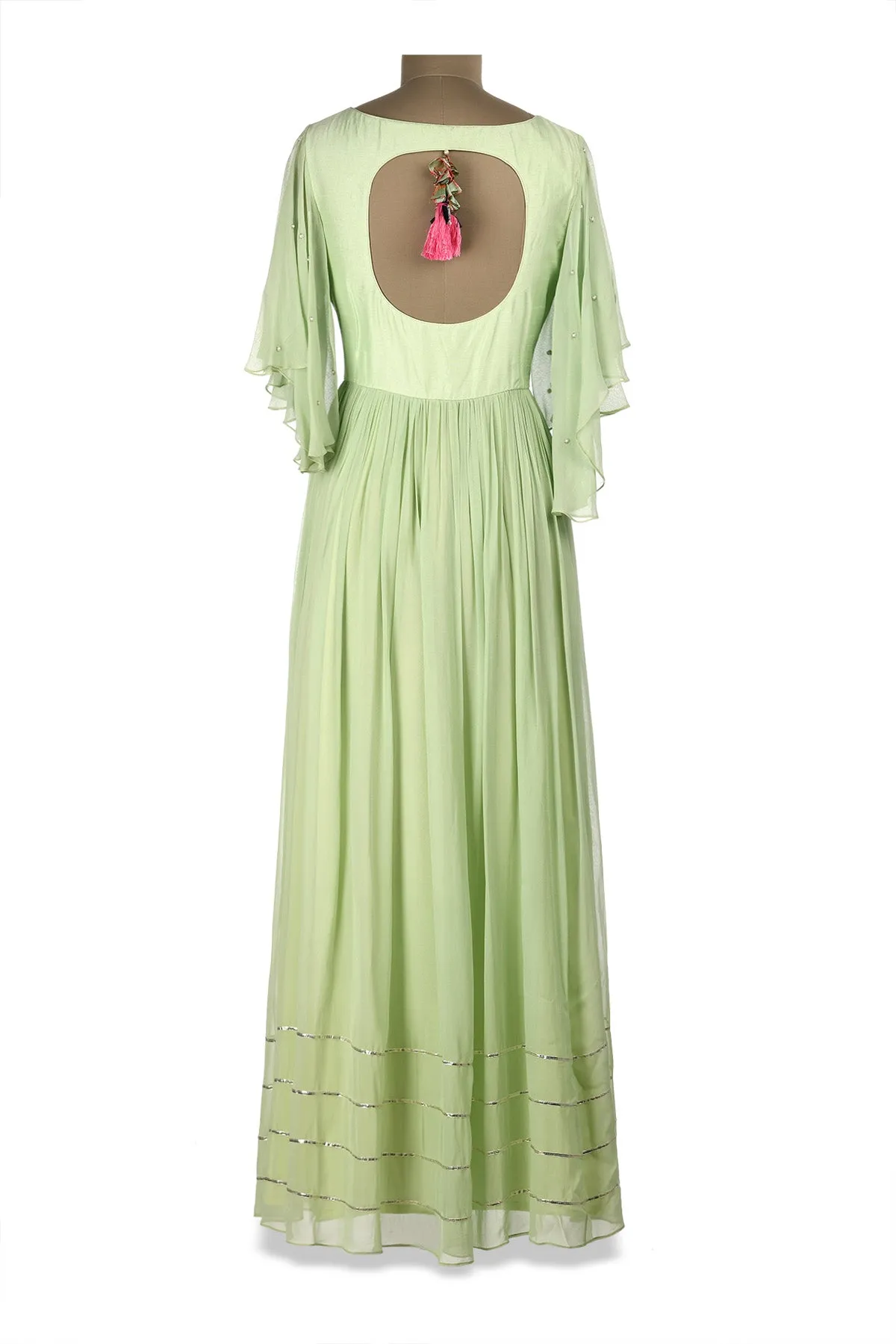 50Z179-RO Pastel Green Embroidered Georgette Maxi Dress