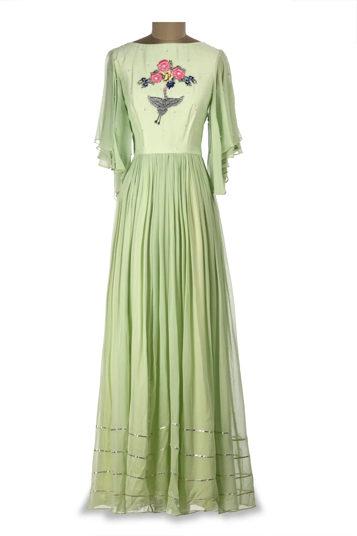 50Z179-RO Pastel Green Embroidered Georgette Maxi Dress