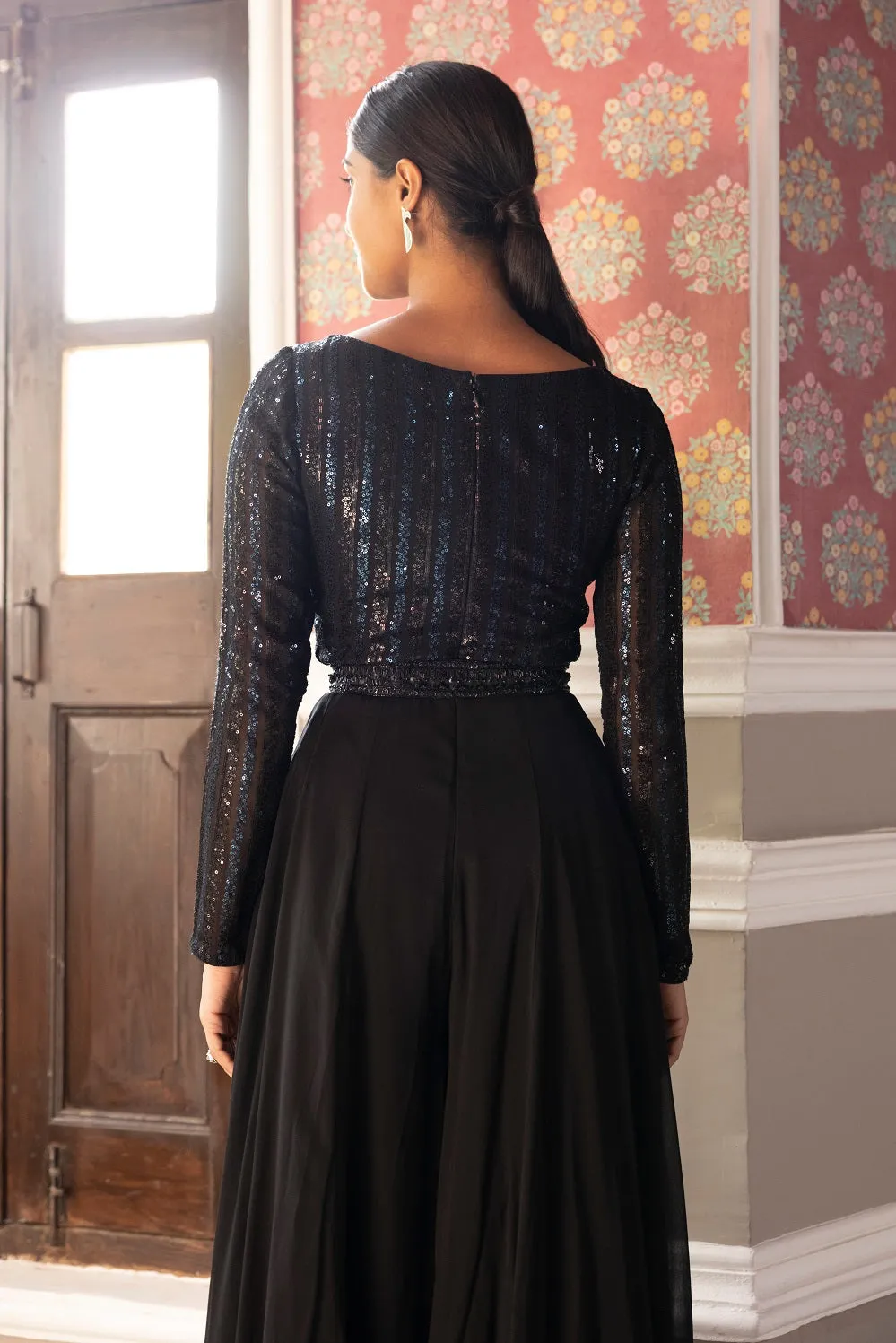 50Z636-RO Black Sequined Full Sleeves Designer Dress