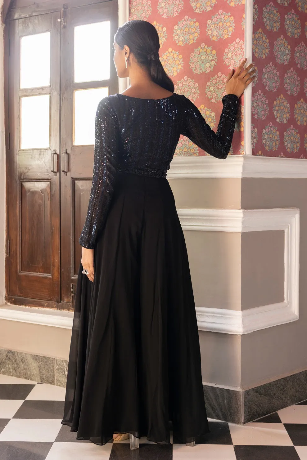 50Z636-RO Black Sequined Full Sleeves Designer Dress