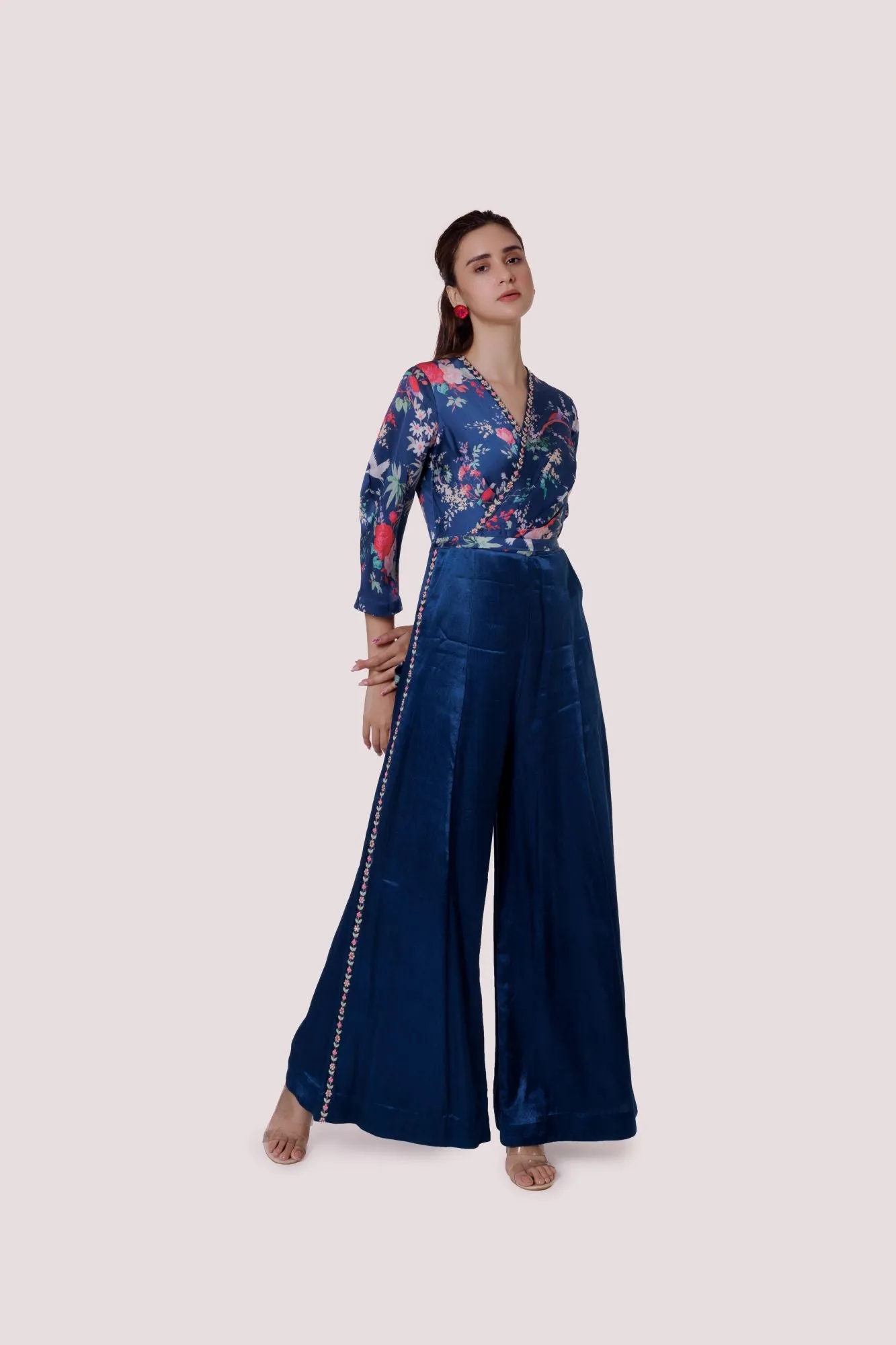 50Z988-RO Blue Printed Satin and Silk Jumpsuit