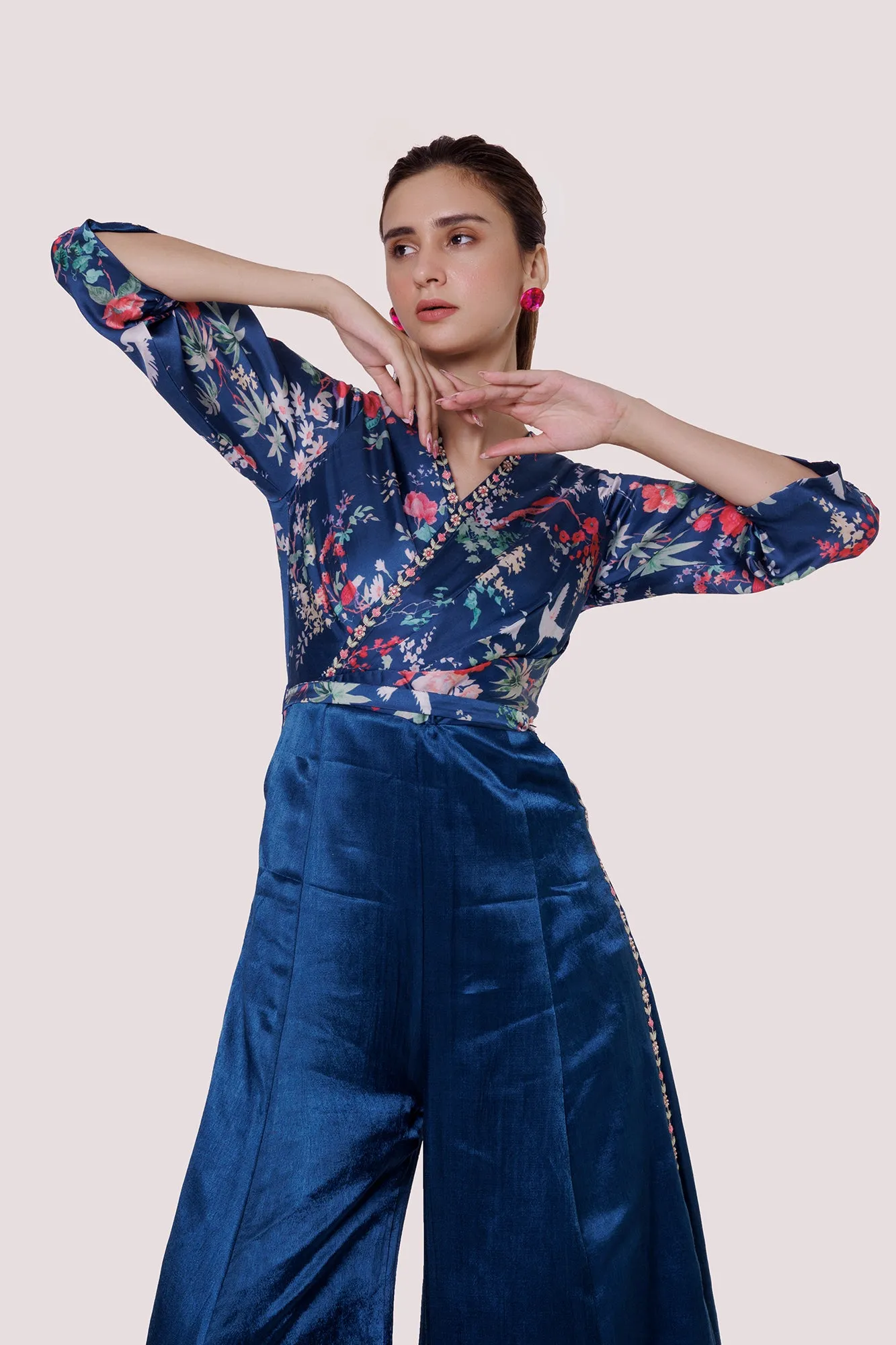 50Z988-RO Blue Printed Satin and Silk Jumpsuit