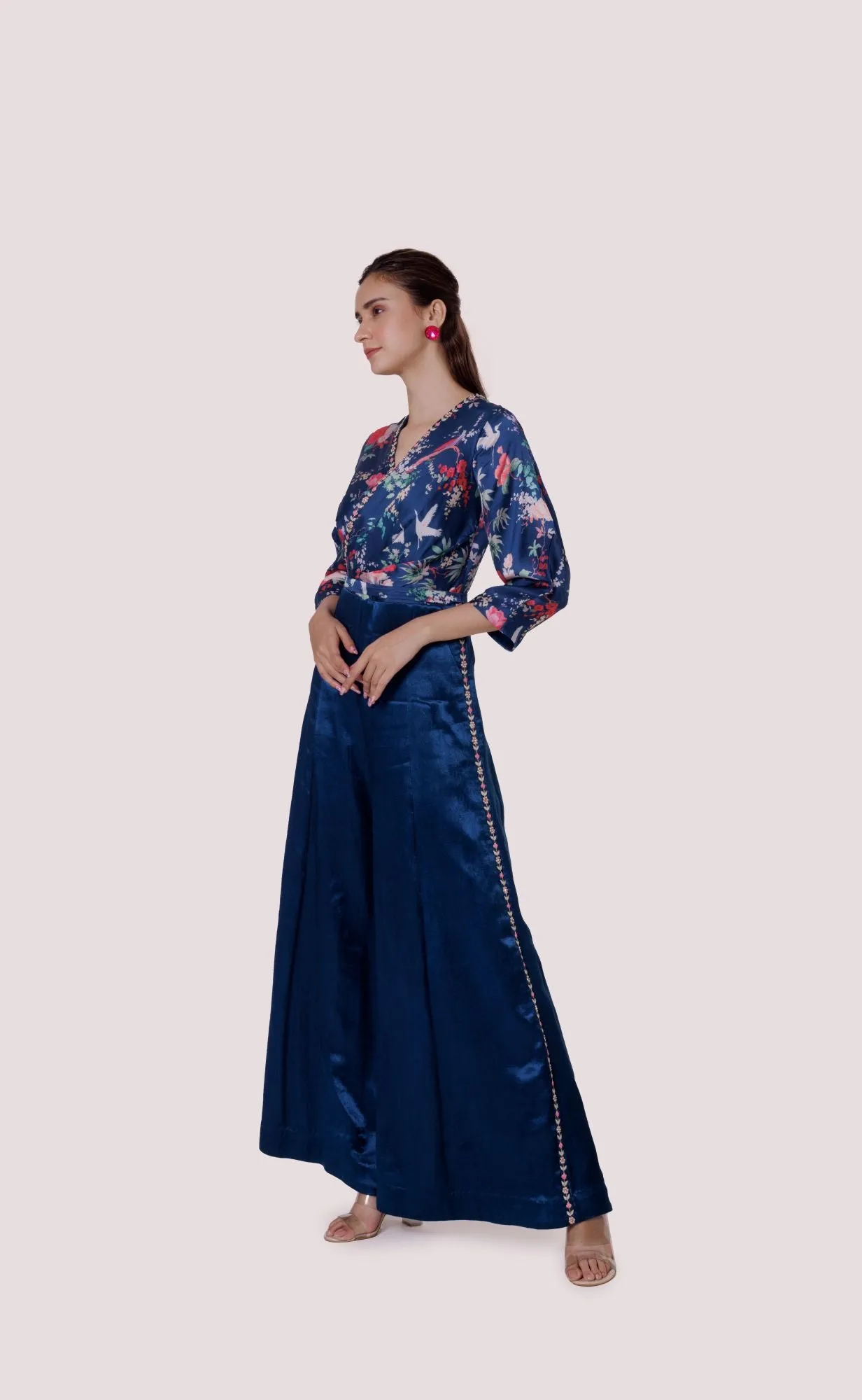 50Z988-RO Blue Printed Satin and Silk Jumpsuit