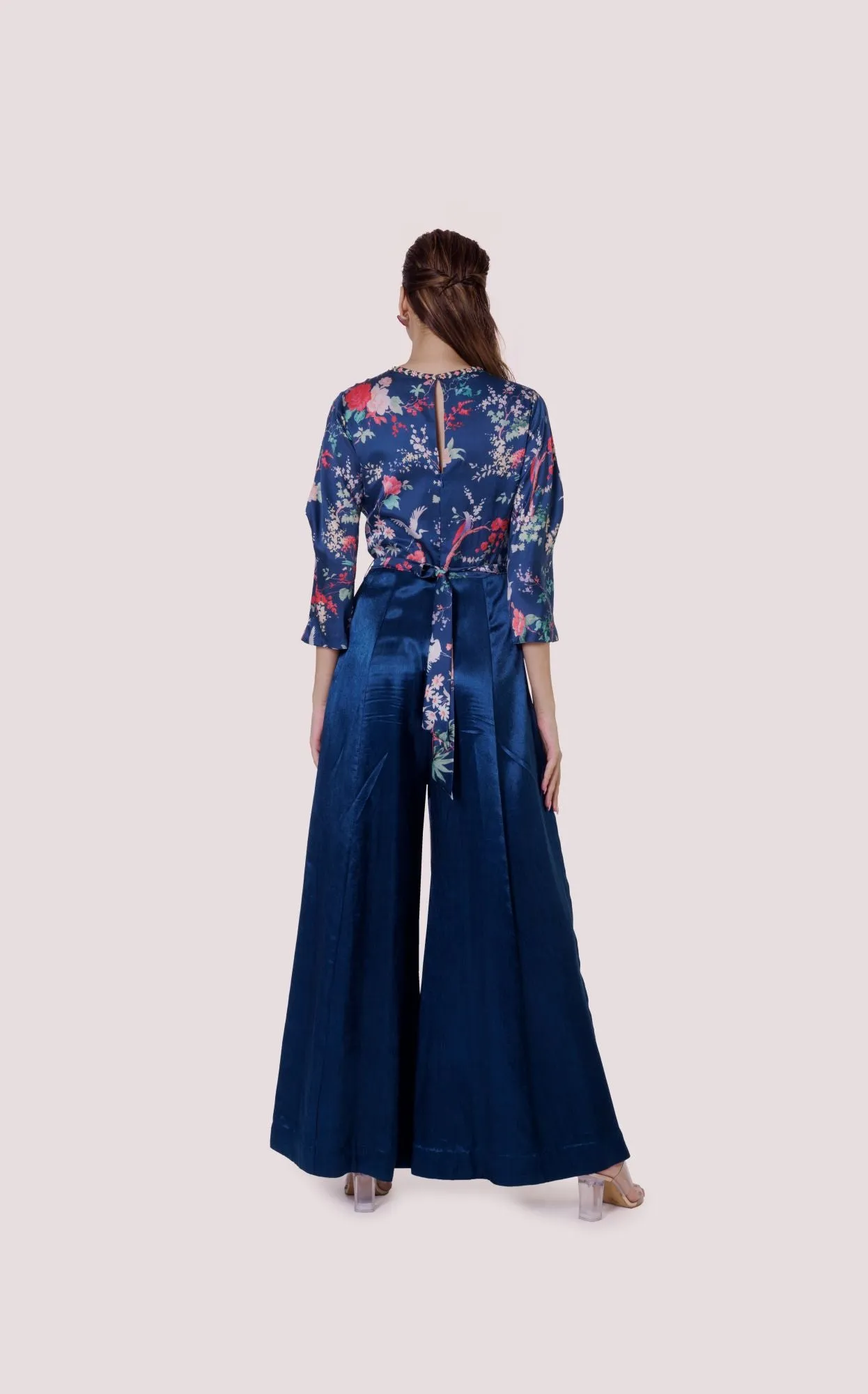 50Z988-RO Blue Printed Satin and Silk Jumpsuit