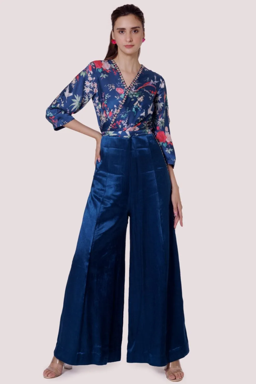 50Z988-RO Blue Printed Satin and Silk Jumpsuit