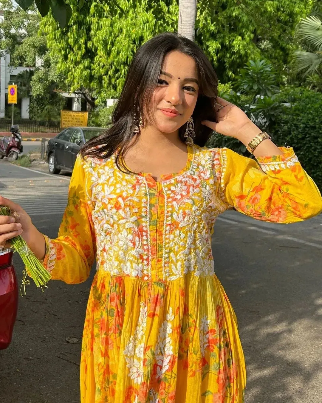 Ada Mulmul Floral Chikankari Dress