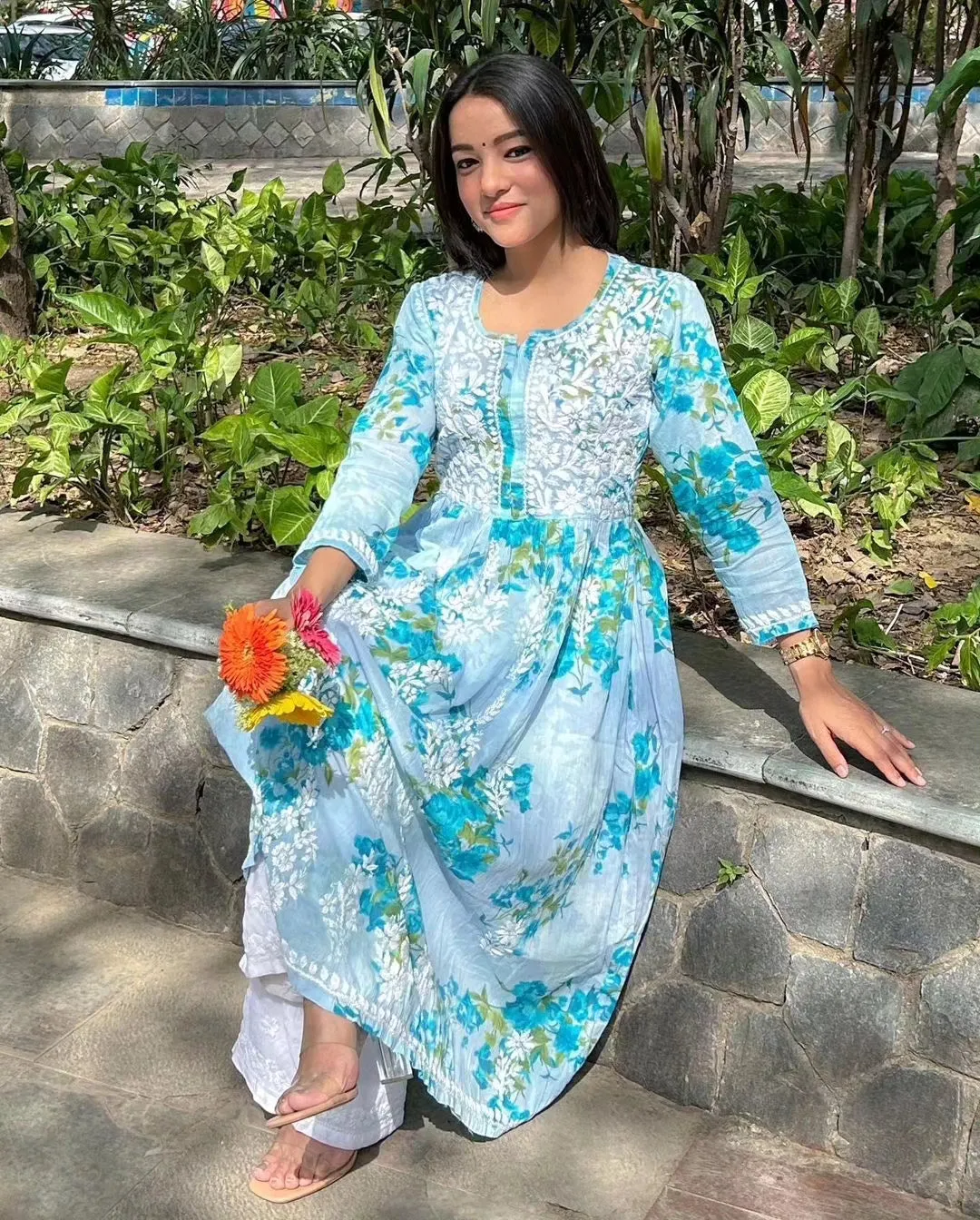 Ada Mulmul Floral Chikankari Dress