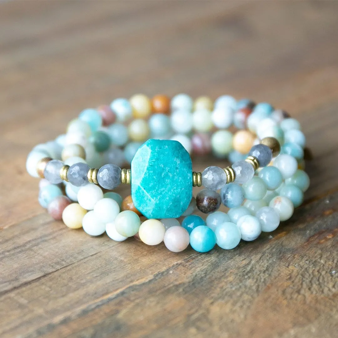 Amazonite and Cloudy Quartz Mala Bracelet