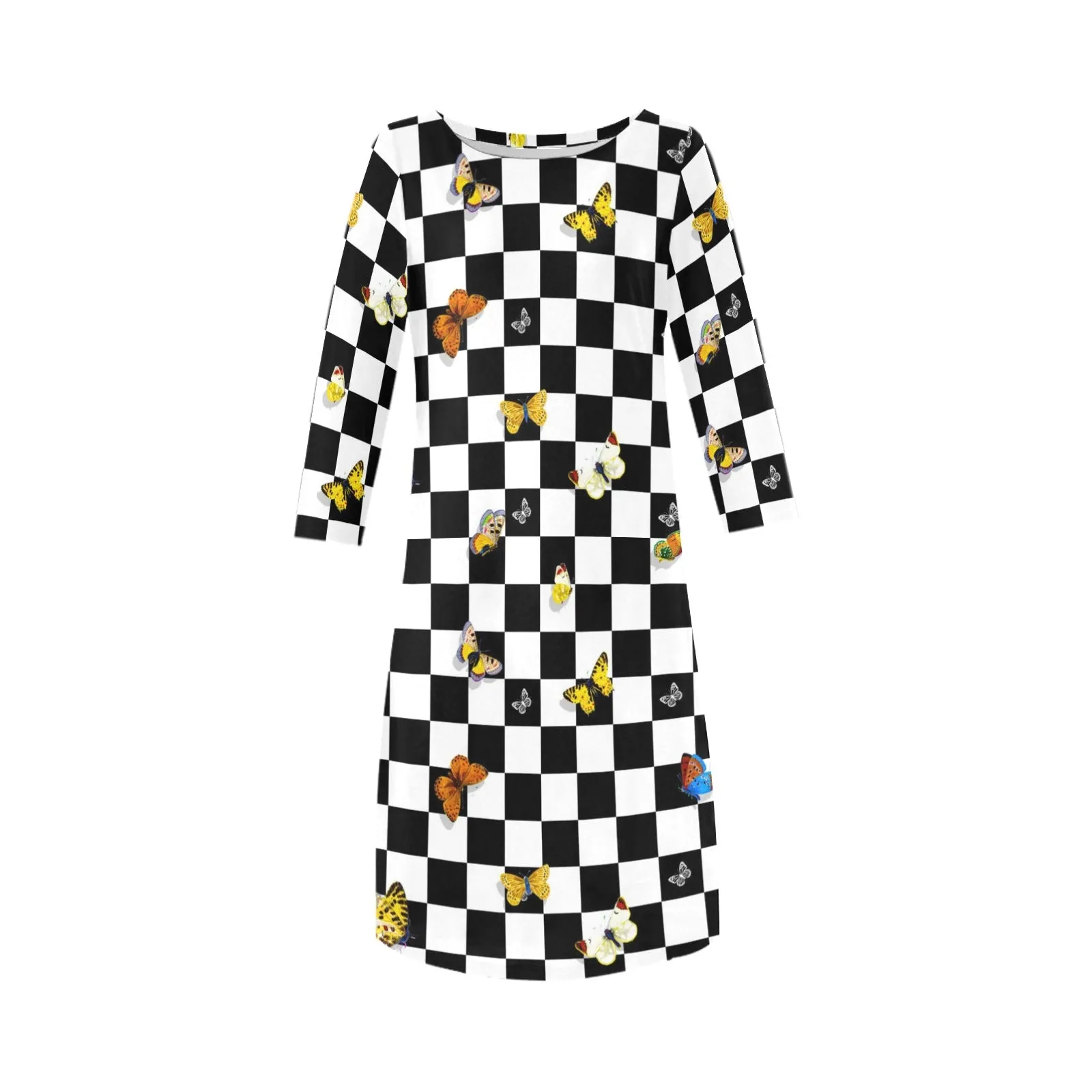 butterfly checker bw print Rhea Loose Round Neck Dress(Model D22)