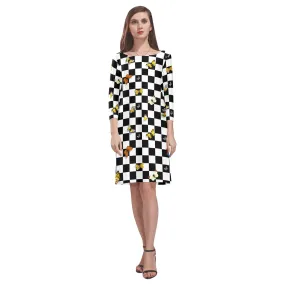 butterfly checker bw print Rhea Loose Round Neck Dress(Model D22)