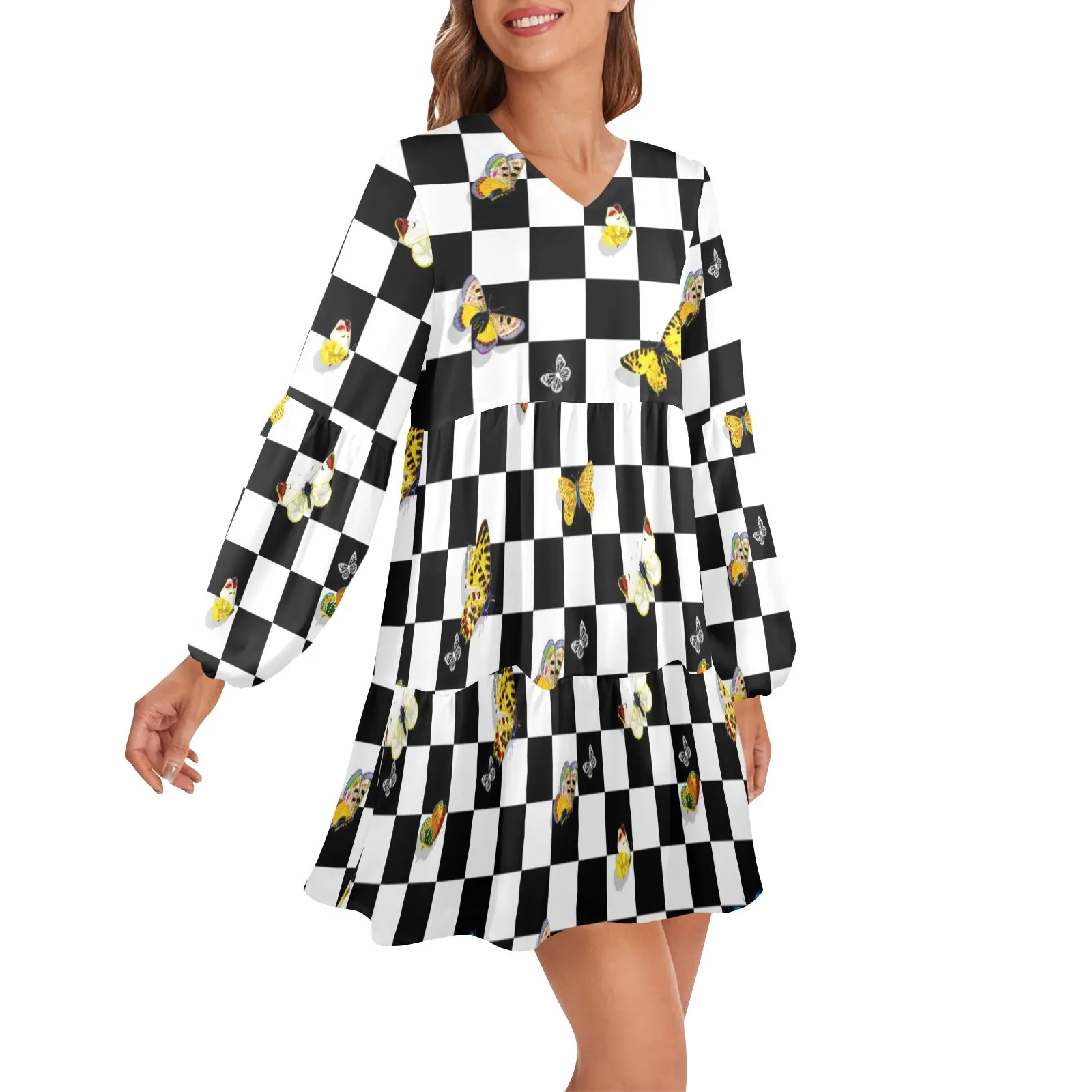 butterfly checker bw print V-Neck Loose Fit Dress (Model D66)