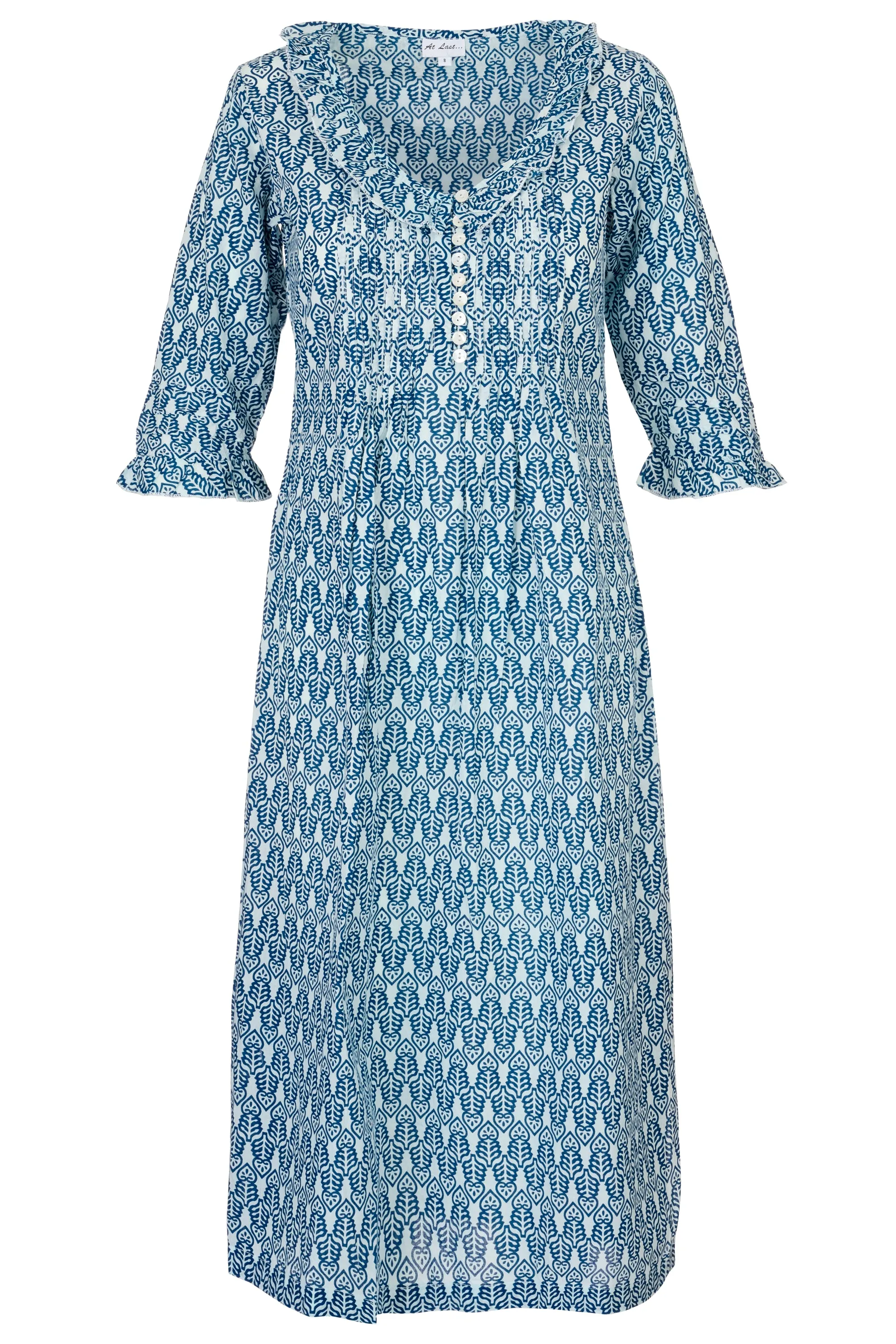 Cotton Karen 3/4 Sleeve Day Dress in Fresh Navy & White