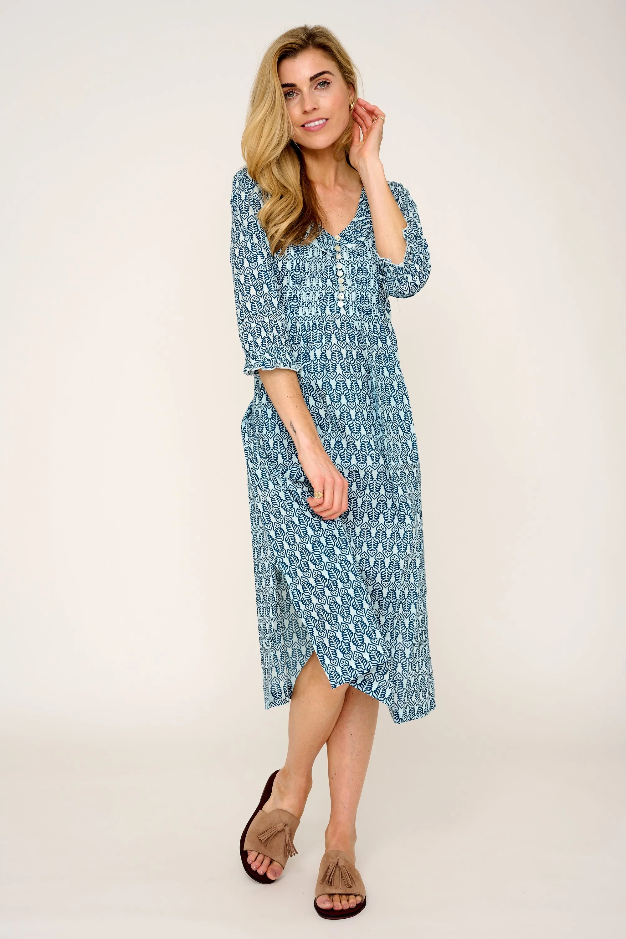 Cotton Karen 3/4 Sleeve Day Dress in Fresh Navy & White