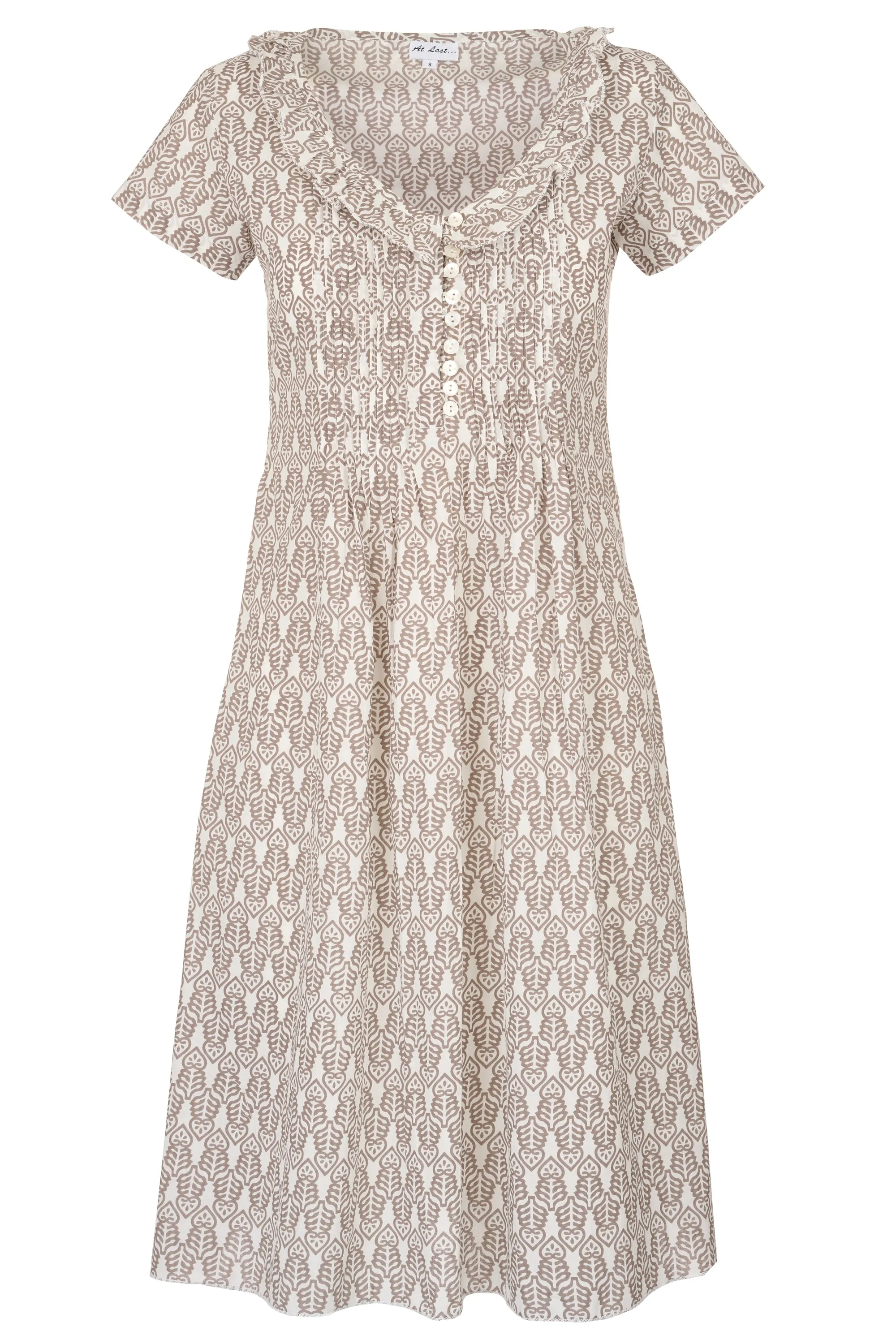 Cotton Karen Short Sleeve Day Dress in Fresh Taupe & White