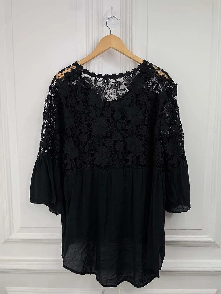 Crochet & Pleat Cotton Shirt - Black