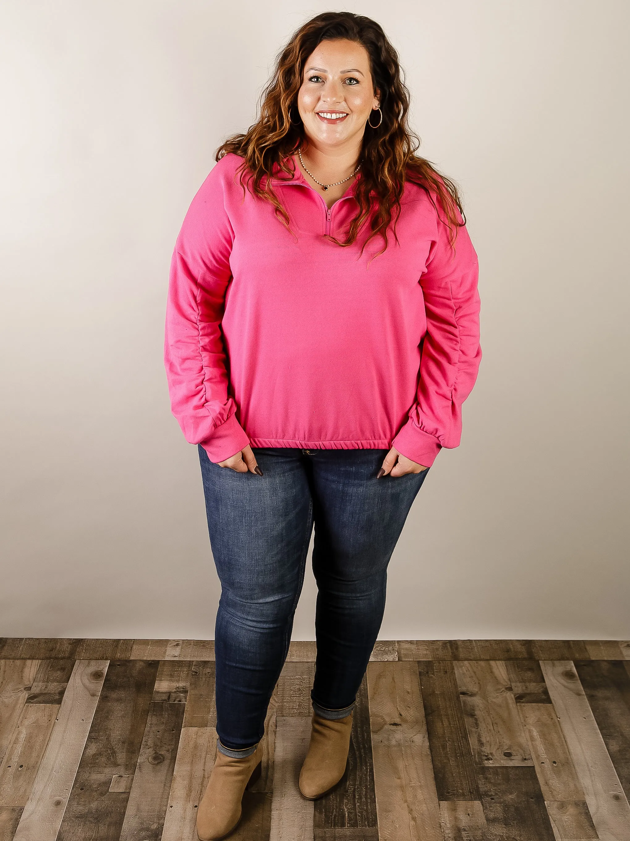 Curvy Hot Pink Quarter Zip Pocket Pullover