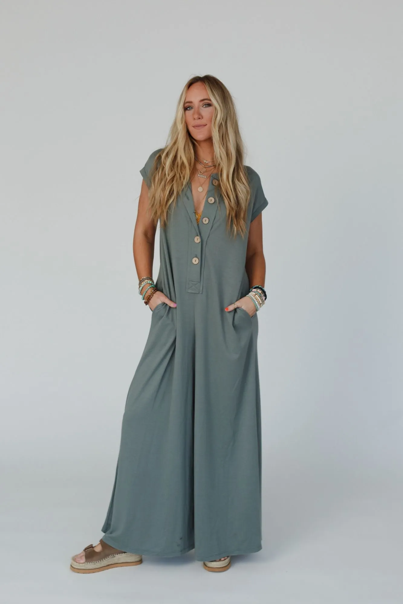 Davina Wide Leg Jumpsuit - Light Olive