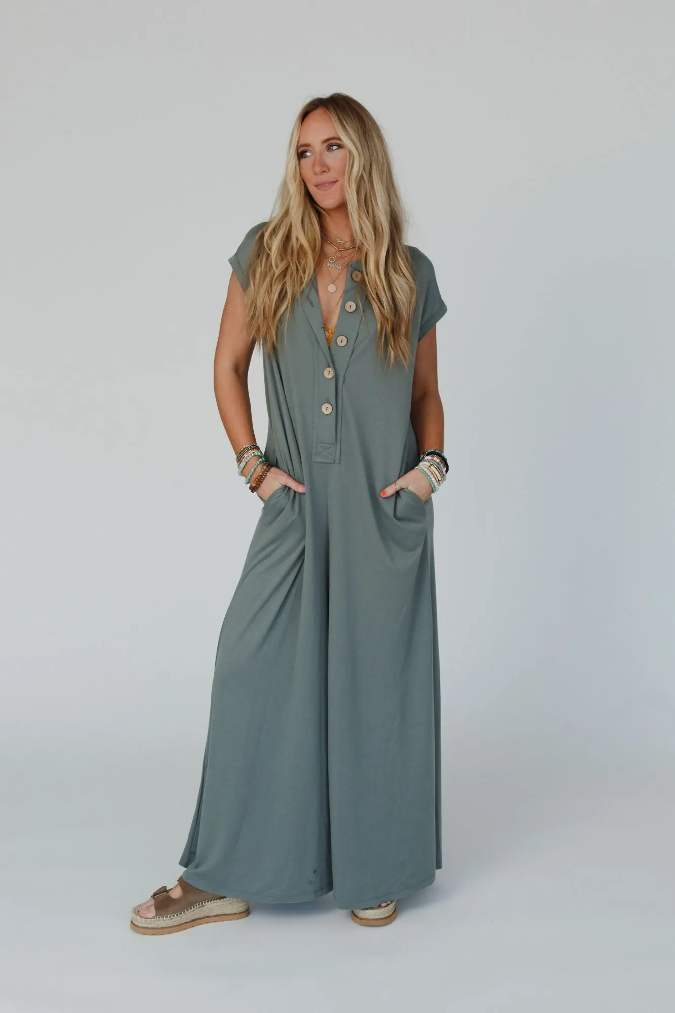 Davina Wide Leg Jumpsuit - Light Olive