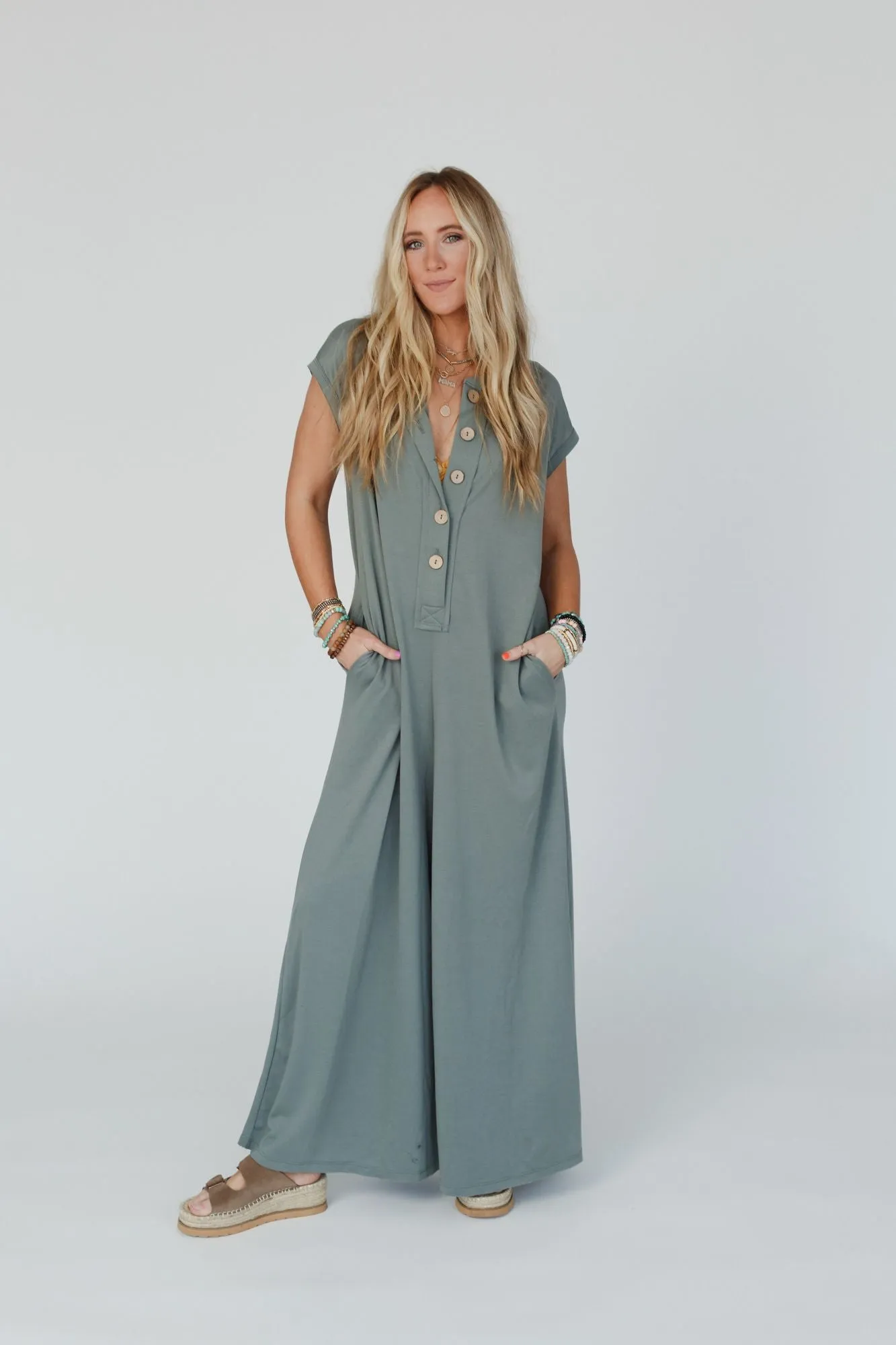 Davina Wide Leg Jumpsuit - Light Olive