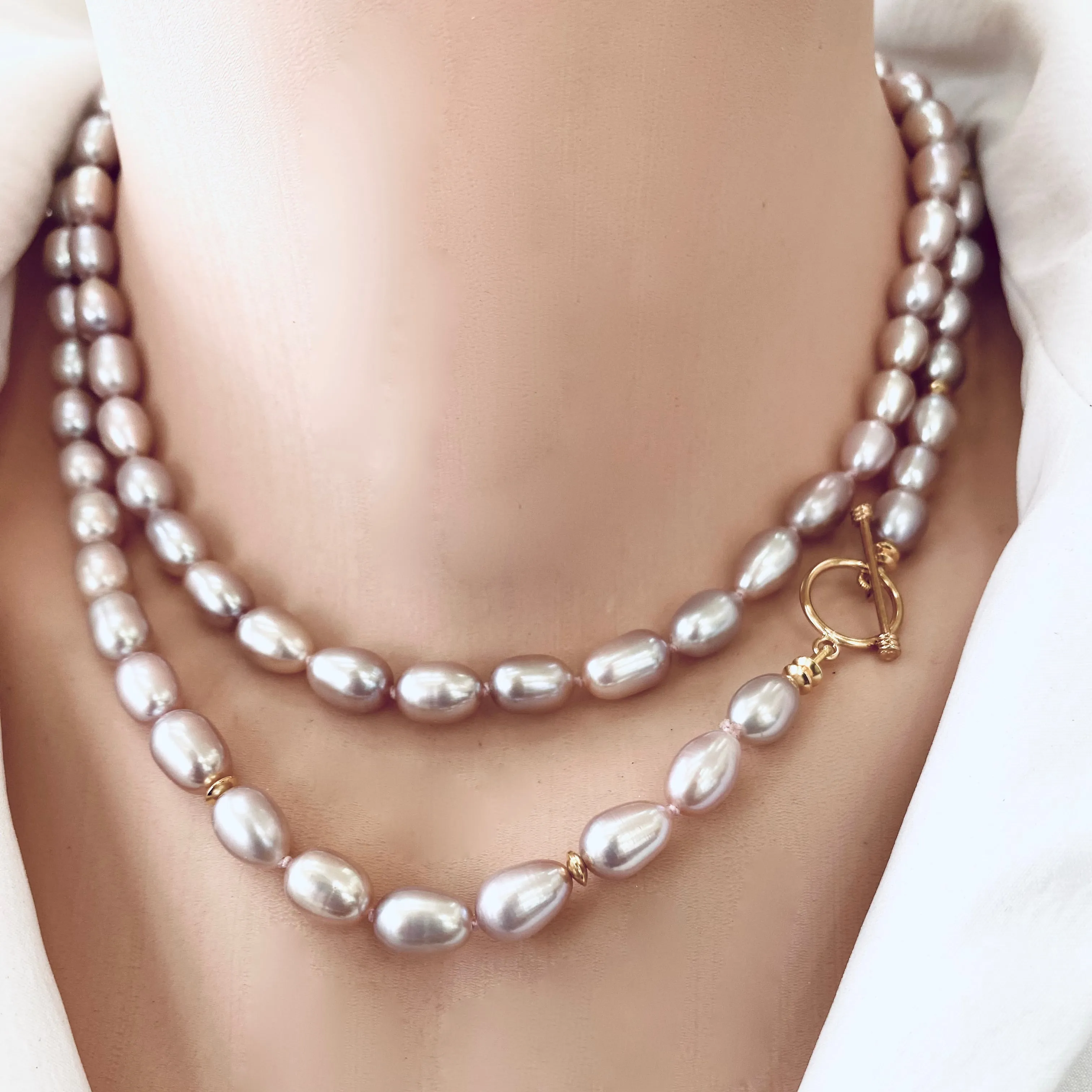 Double Wrap Pink Pearl Long Layered Necklace, Vermeil, Gold Plated Silver Toggle Clasp & Details, 34inches