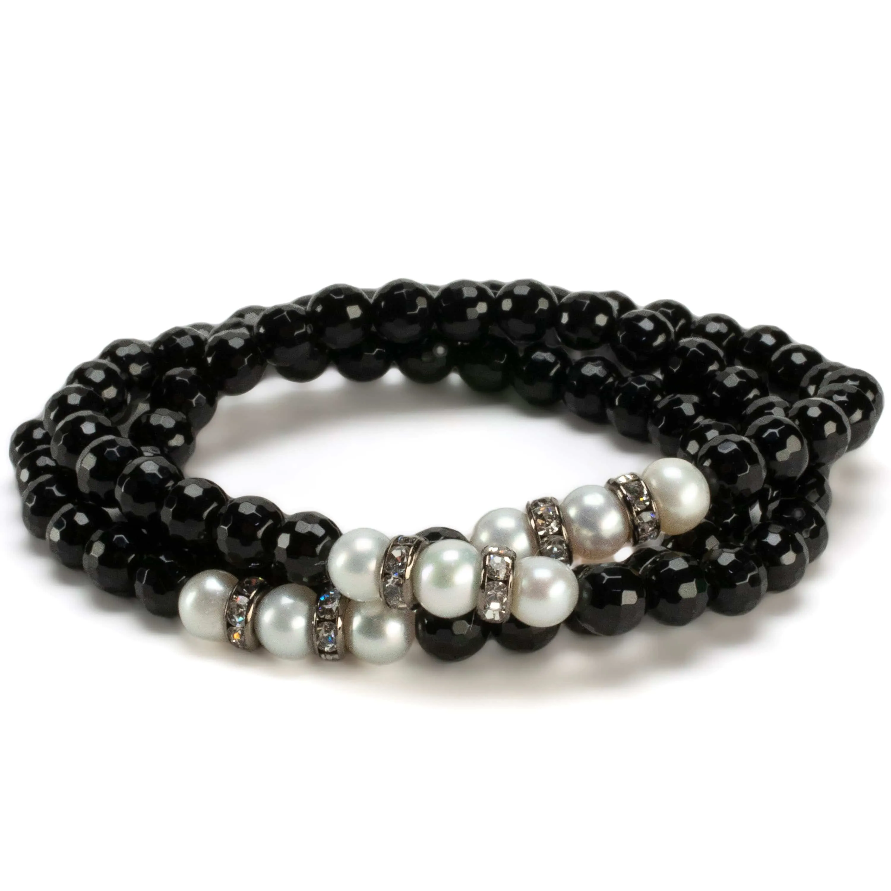 Faceted Black Agate 6mm Beads with Pearl & Silver Accent Beads Triple Wrap Elastic Gemstone Bracelet