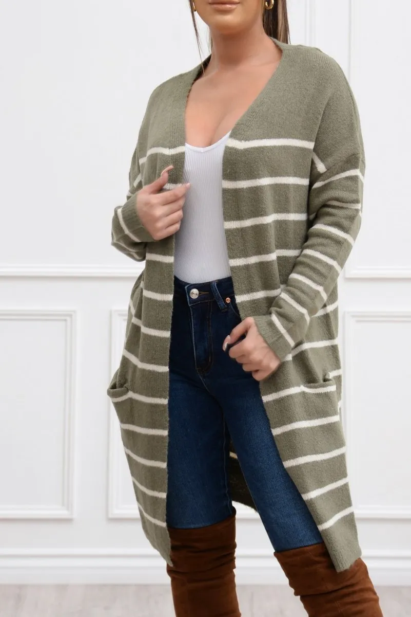 Fall Vibes Stripped Cardigan Olive/White