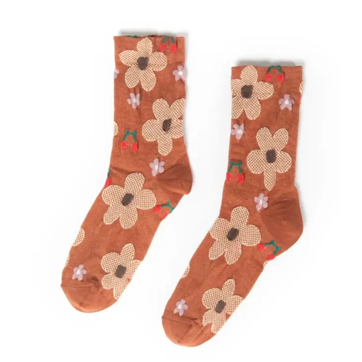 Floral Printed Texture Crew Sock - Caramel