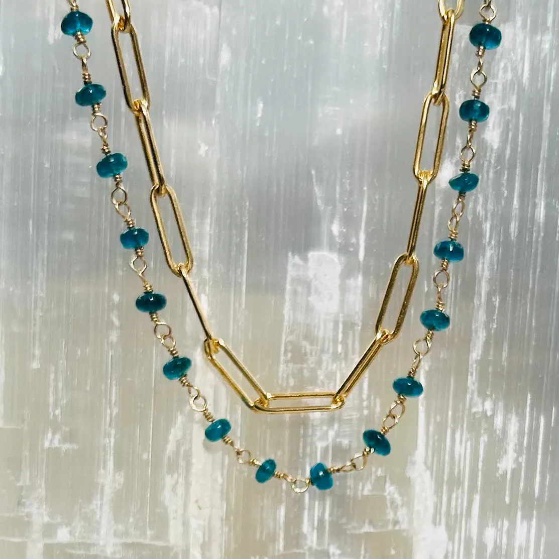 Gemstone Rosary Necklace ~ Smooth Blue Apatite