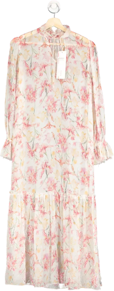 Goelia Cream Floral Print Silk Dress UK XS