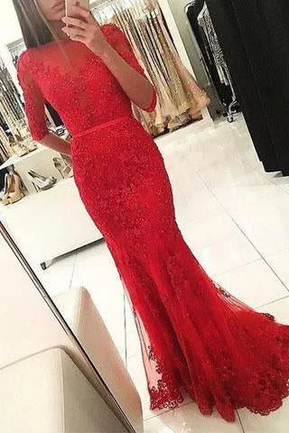 Graceful Red Beaded Lace Long Half Sleeve Backless Floor Length Mermaid prom Dresses