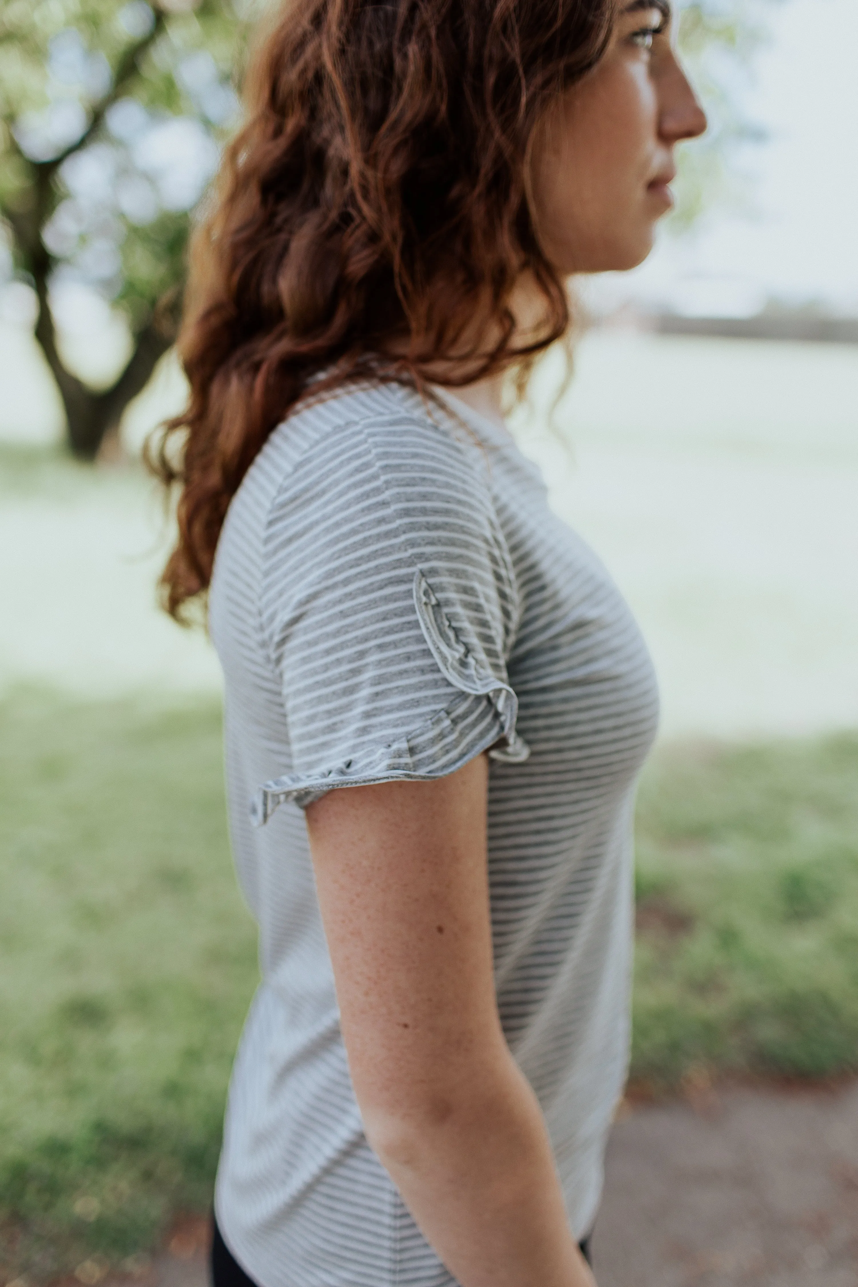 Gray Knit Ruffle Tee