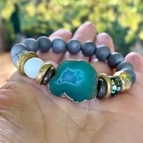 Green Druzy Agate Statement Gemstone Beaded Bracelet